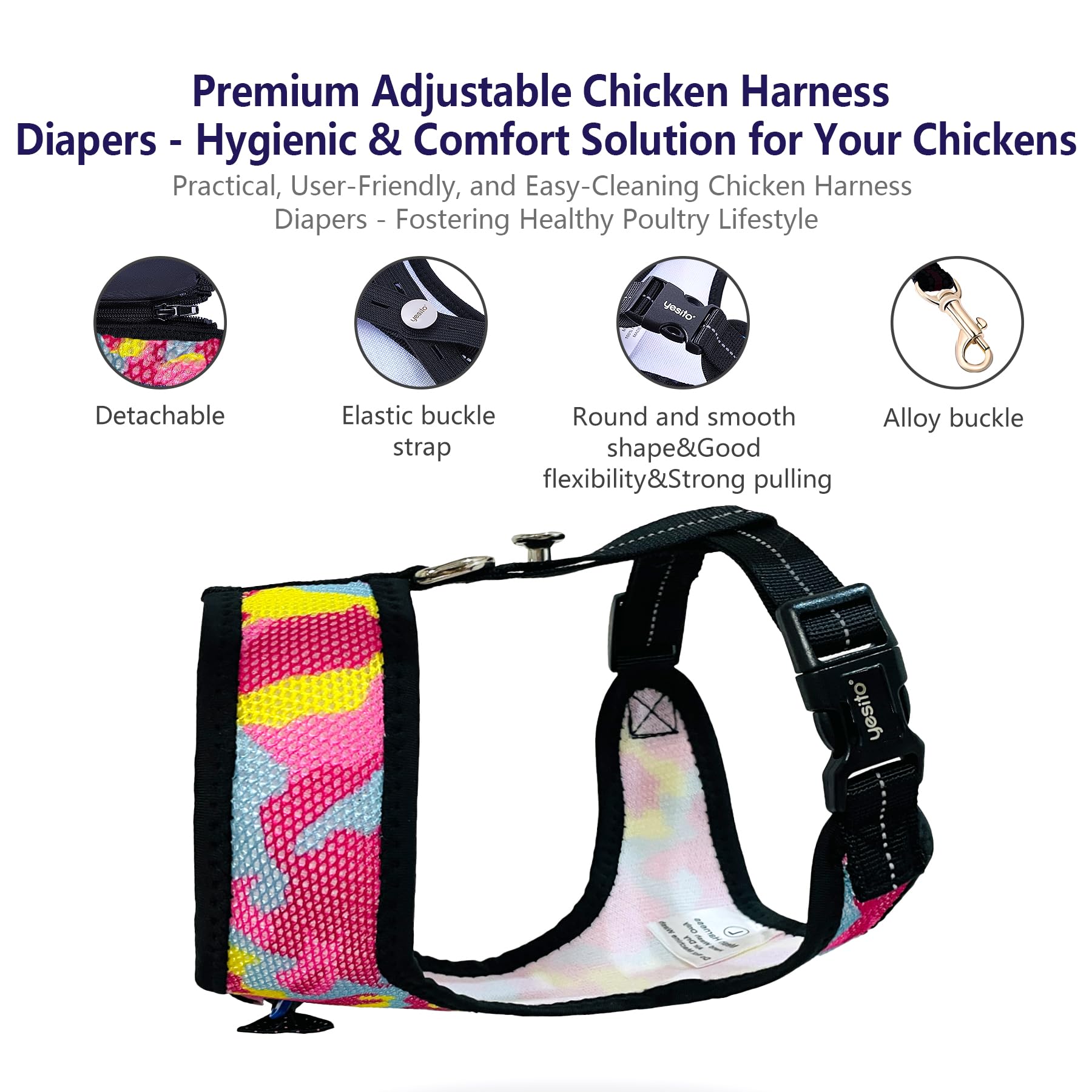 Yesito Chicken Harness Hen Camouflage Pink Size with 5.8ft Matching Leash - Adjustable, Resilient, Comfortable, Breathable (Larg