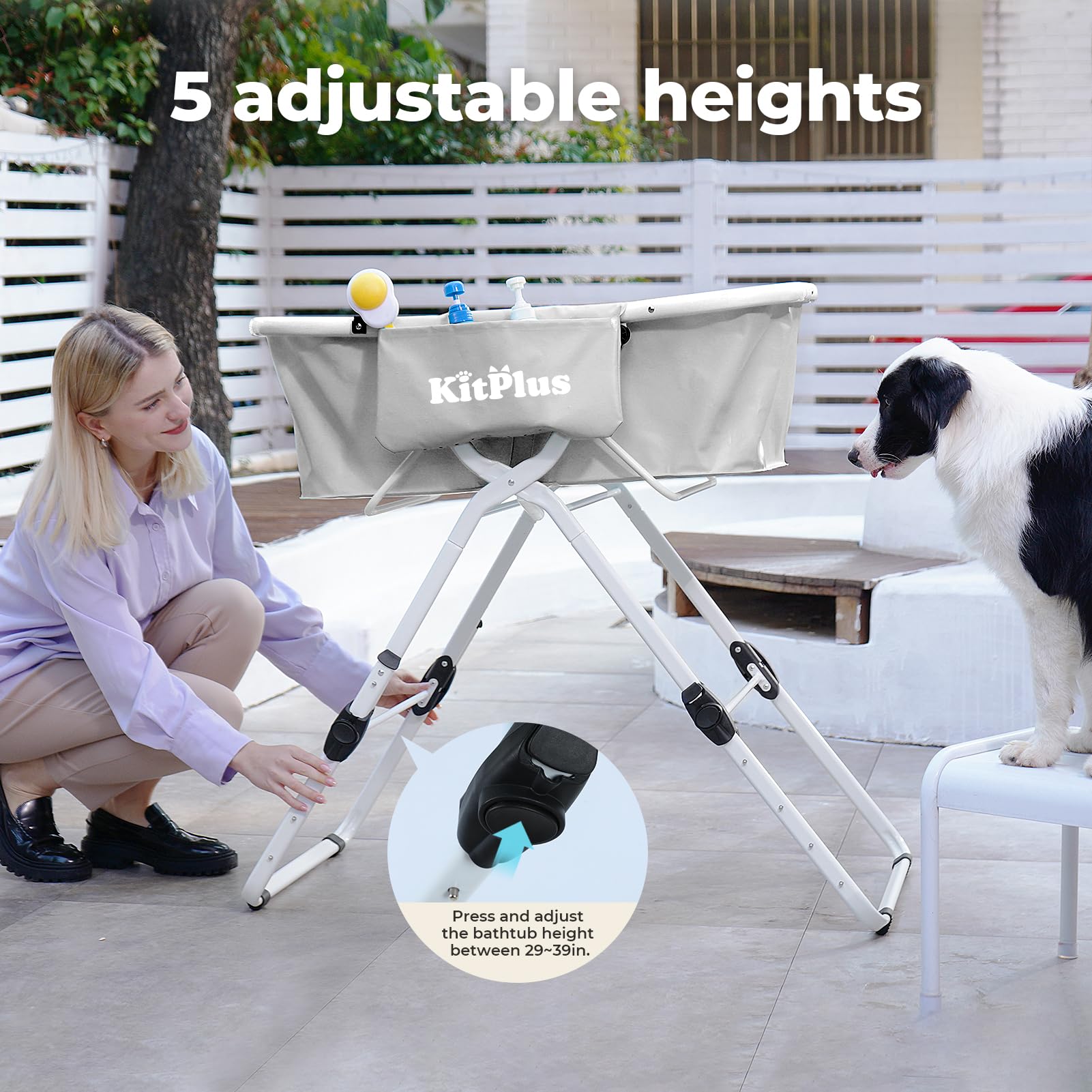 Kitplus Elevated Dog Bathtub, 5 Height Adjustable Portable Dog Wash Station For Small To Large Pets, Foldable Bathing Tub With S