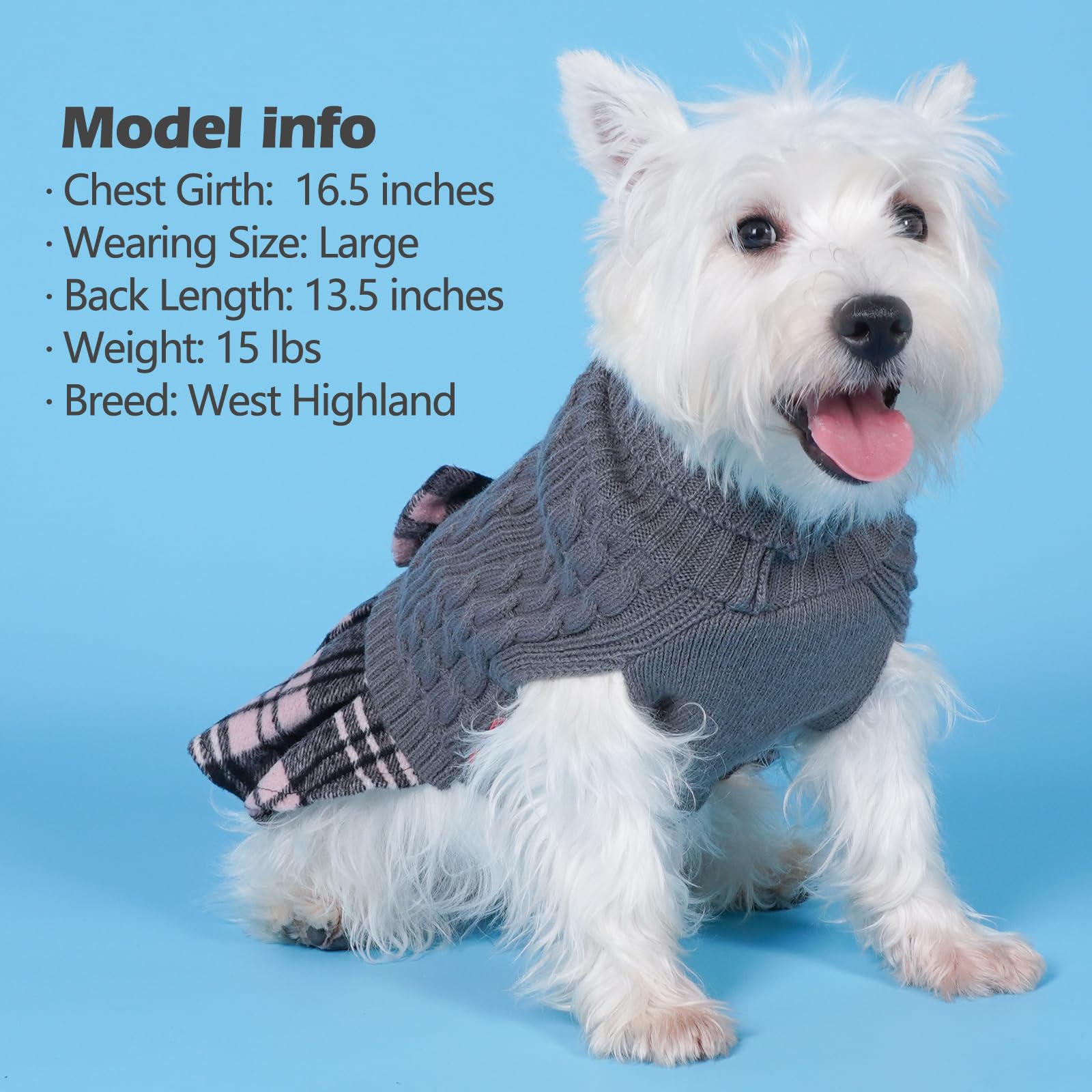 Kyeese Dog Sweater Dress With Bowtie Checkered Turtleneck Dog Sweaters For Small Dogs Warm Pet Sweater Knitwear Grey