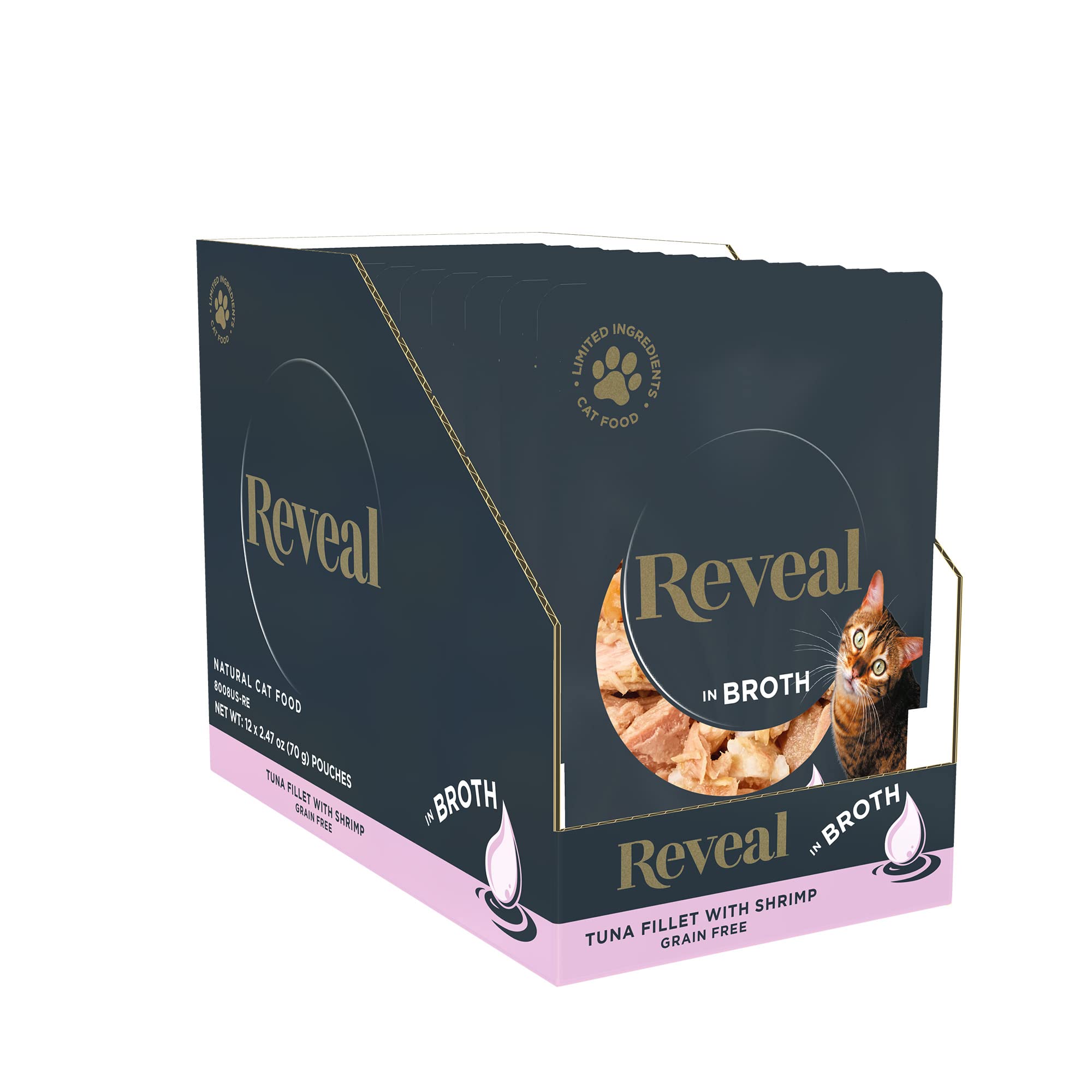 Reveal Natural Wet Cat Food, 12 Count, Grain Free, Limited Ingredient Cat Food Pouches, Tuna with Shrimp in Broth, 2.47 oz Pouch