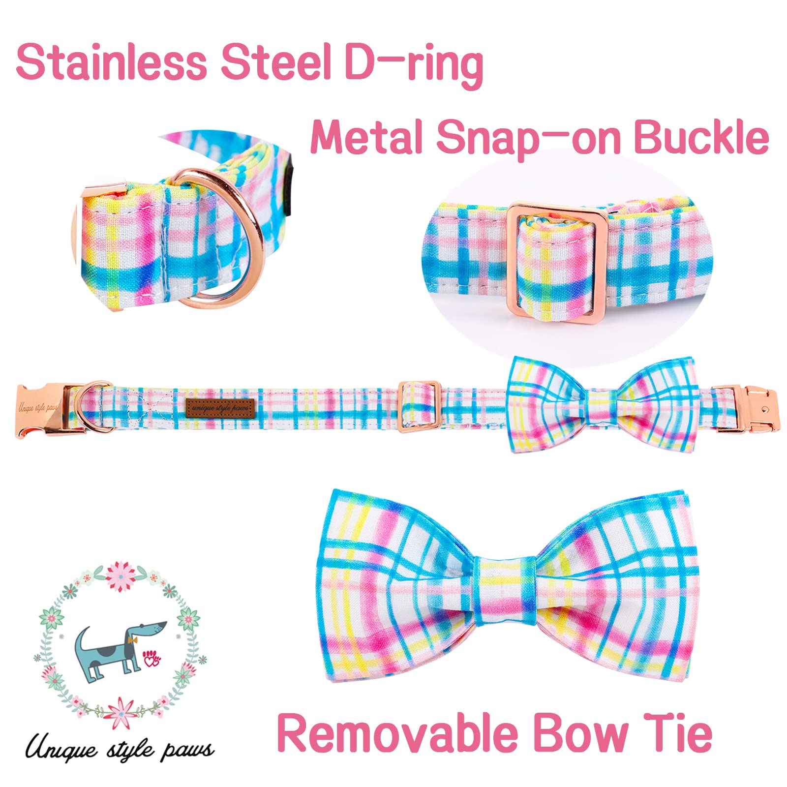 Unique Style Paws Easter Day Dog Collar With Bow Tie Blue Pink Grid Puppy Collar For Small Medium Large Boys Girls-Xl