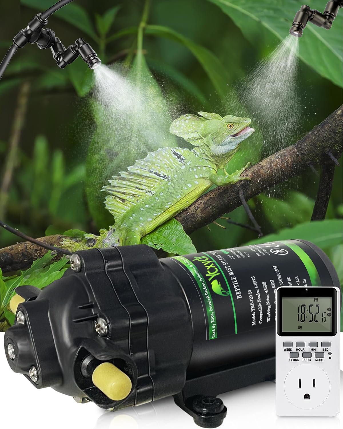 Automatic Reptile Mister System, Misting System with Timer, Reptile Humidifiers Quiet Pump Expandable to 10 Fine Mist Nozzles, T