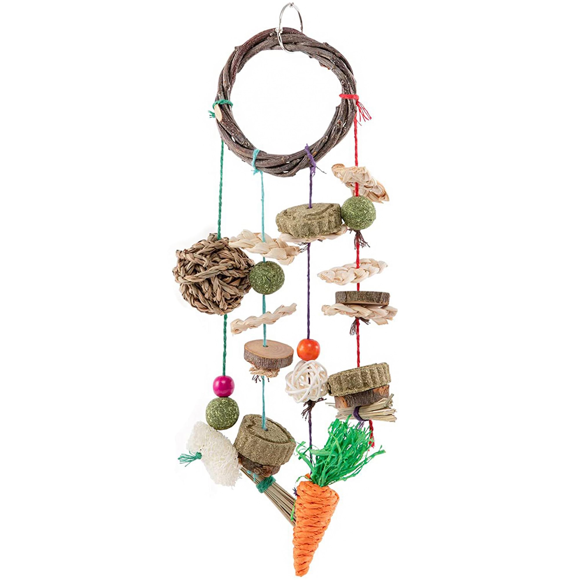 Sungrow Cage Hanging Rabbit Chew Toy, Handwoven Space-Saving Enclosure Accessory, Wooden Discs, Loofah Slices, Grass Ball & Comp