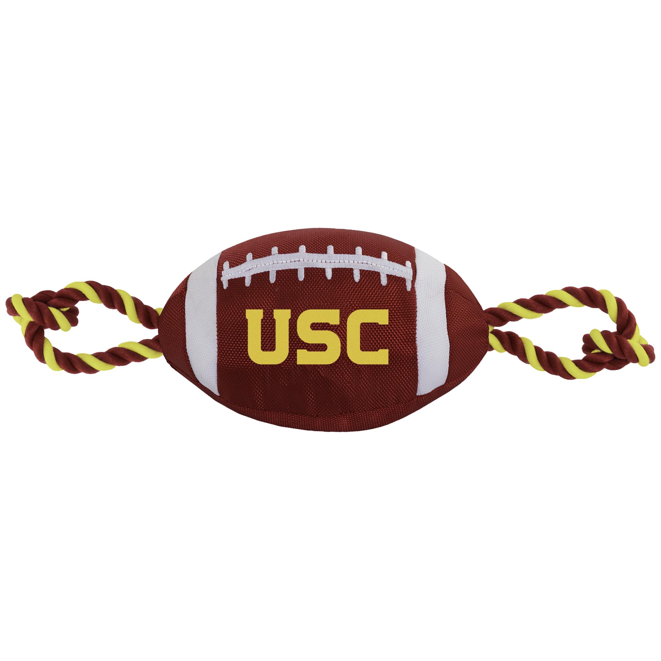 Pets First USC Football Dog Toy, Tough Quality Nylon Materials, Strong Pull Ropes, Inner Squeaker, Collegiate Team Color