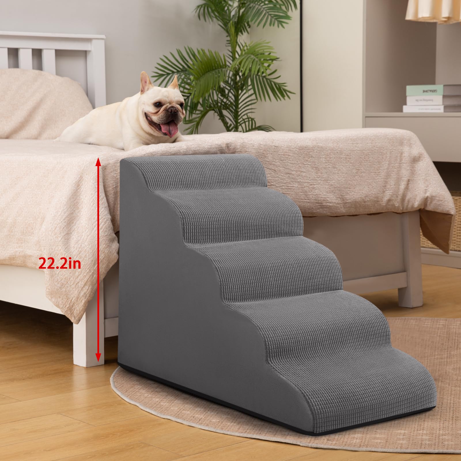 Aodisman 5-Step Dog Stairs and Ramp for High Bed, Non-Slip Sturdy Pet Steps for Small Dogs and Cats,22.2 H,Grey