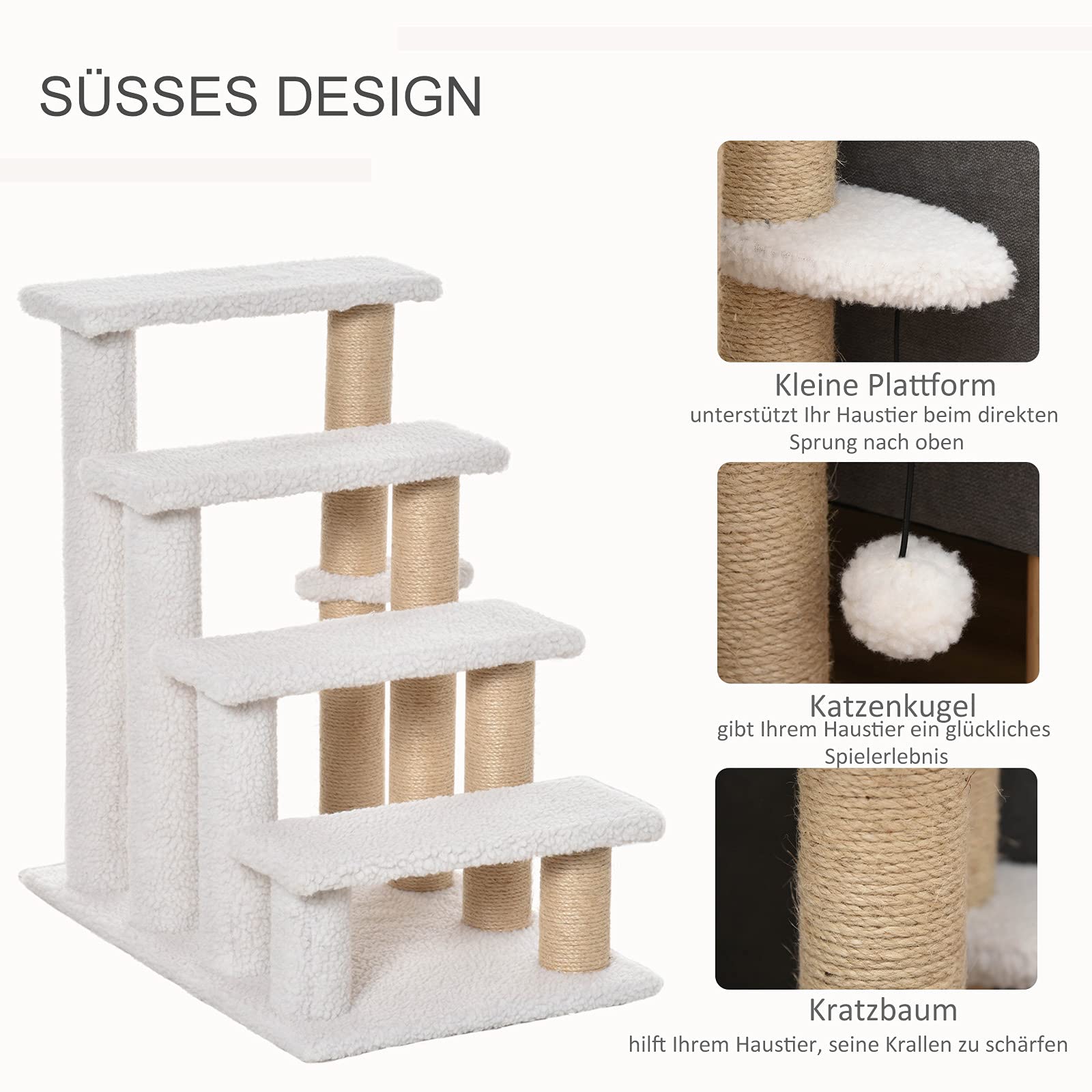 Pawhut Pet Stairs With Scratching Post Ball 4-Step Cat Stairs Dog Stairs Chipboard Plush Jute White 60 X 40 X 64 Cm