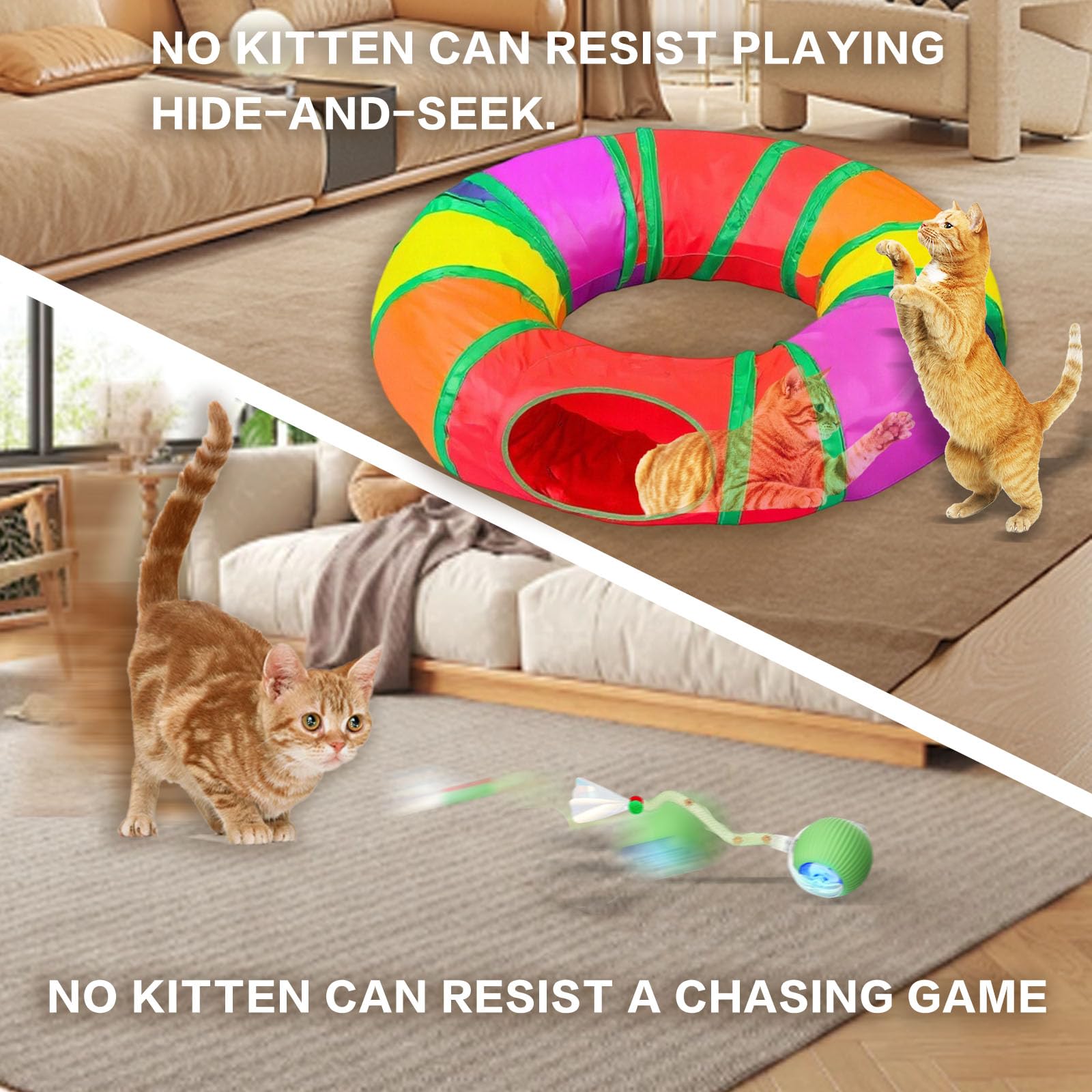 Cat Tunnel with Fast Rolling Ball, Motion-Activated Ball in Fun Cat Play House, Hide & Seek Puzzle Game for Indoor Cats & Kitten