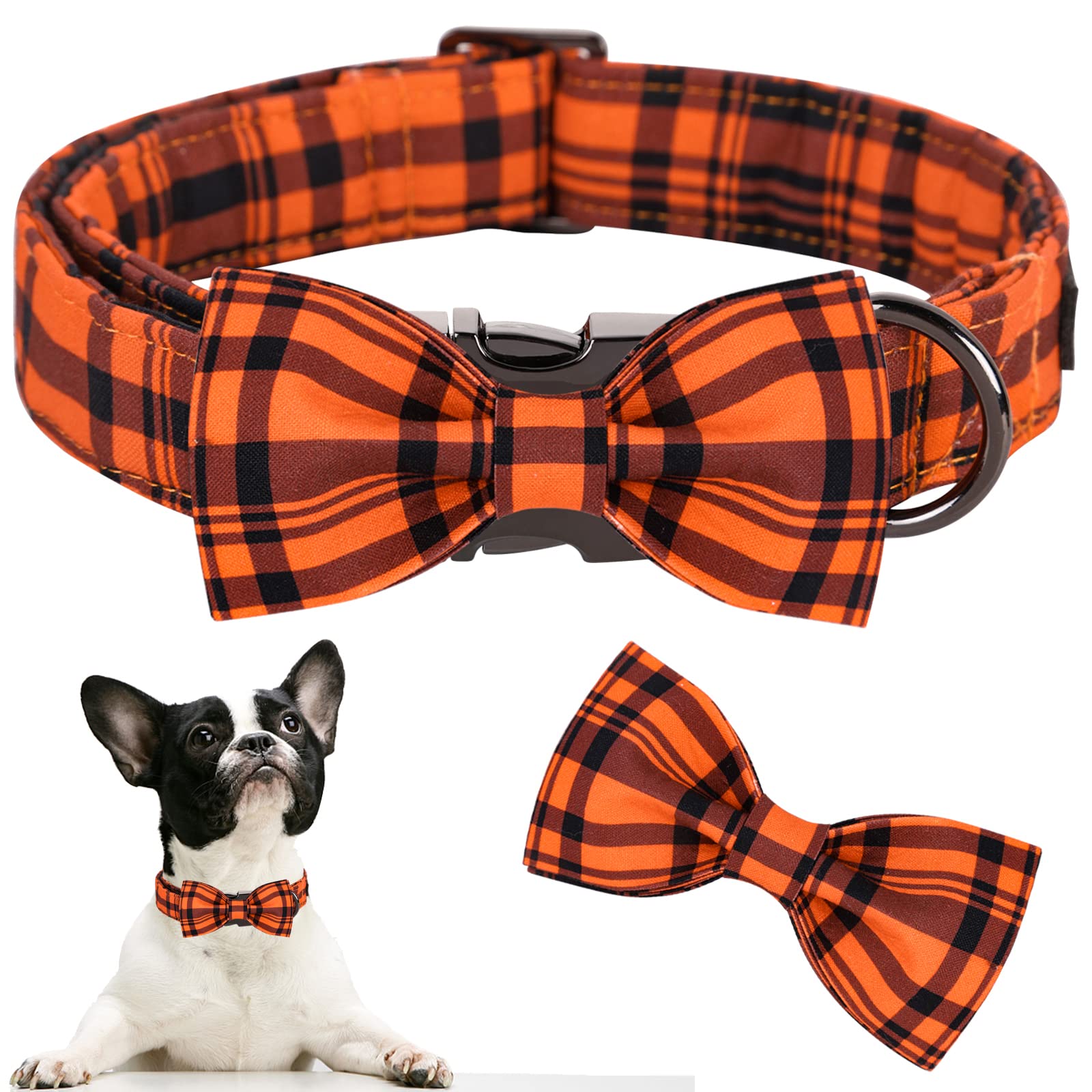 Aring Pet Dog Collar, Cute Fall Dog Collar With Bow, Adjustable Halloween Orange Grid Bowtie Dog Collars Gift With Metal Buckle