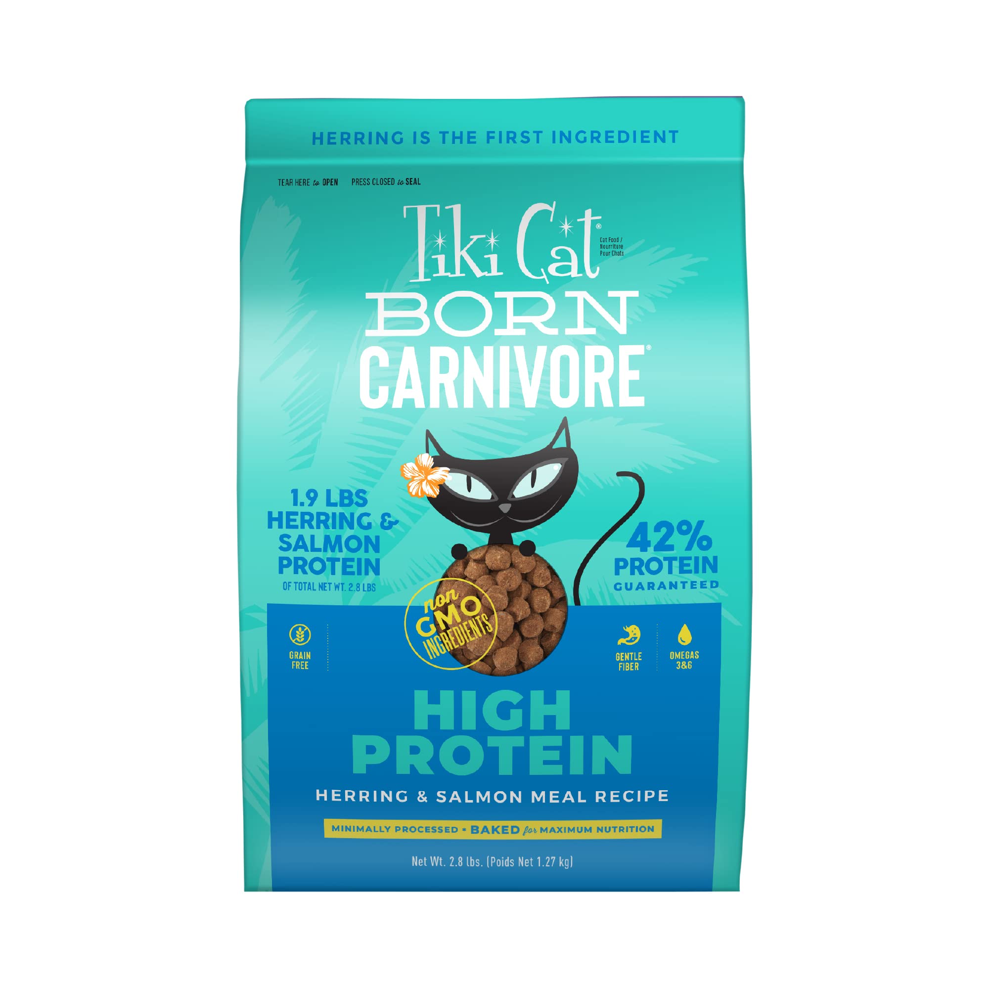 Tiki Cat Born Carnivore High Protein, Herring & Salmon Meal, Grain-Free Baked Kibble to Maximize Nutrients, Dry Cat Food, 2.8 lb