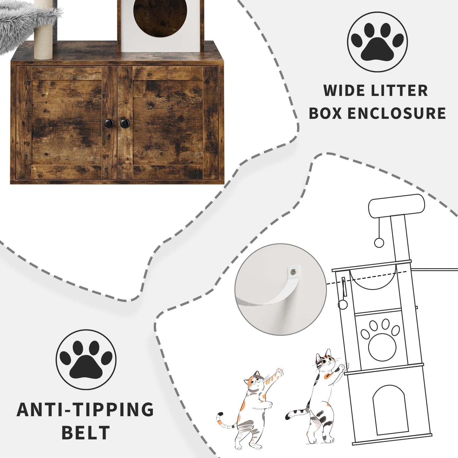 57.5-Inch Cat Tree with Litter Box Enclosure 2-in-1 Modern Cat Tower with Cat Condo/Hammock/Scratching Post/Plush Perch/Removabl
