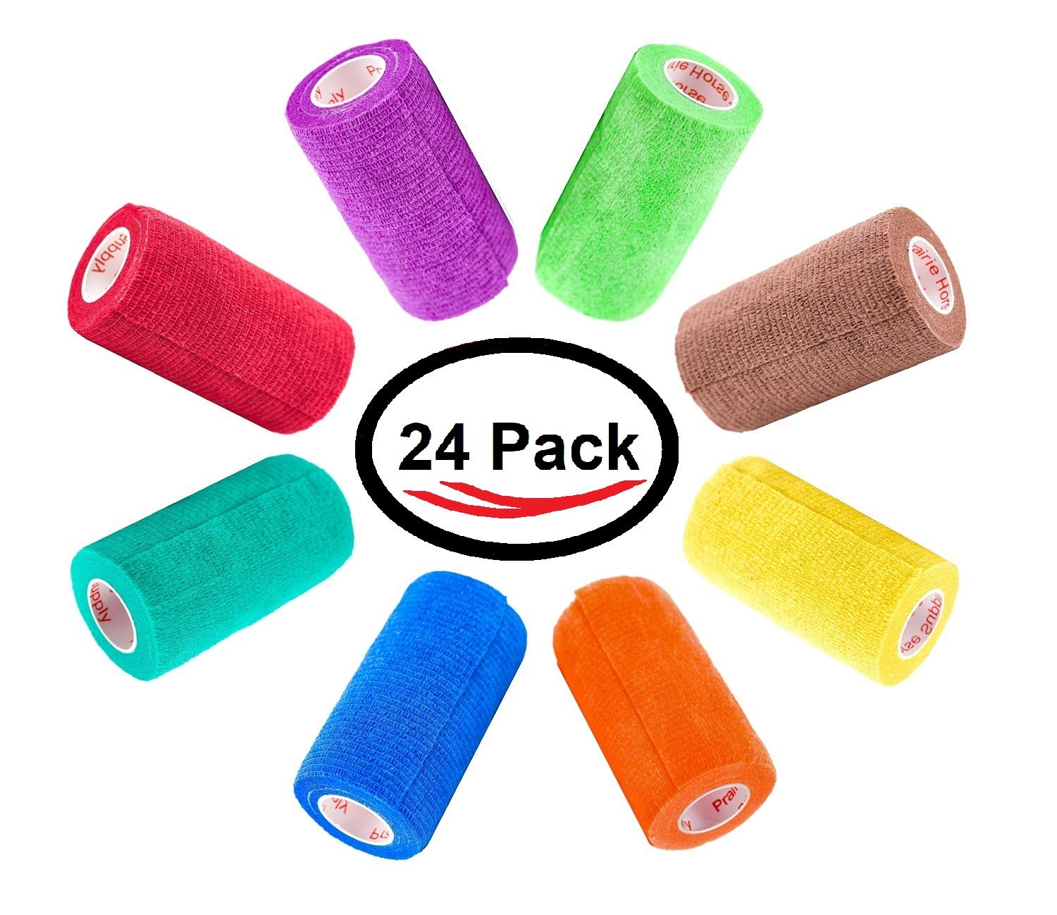 4 Inch Vet Cohesive Bandage Wrap Tape Bulk (Assorted Colors) (Pack Of 24) Self Adhesive Adherent Adhering Flex Bandage Grip Roll For Dog Cat Pet Horse