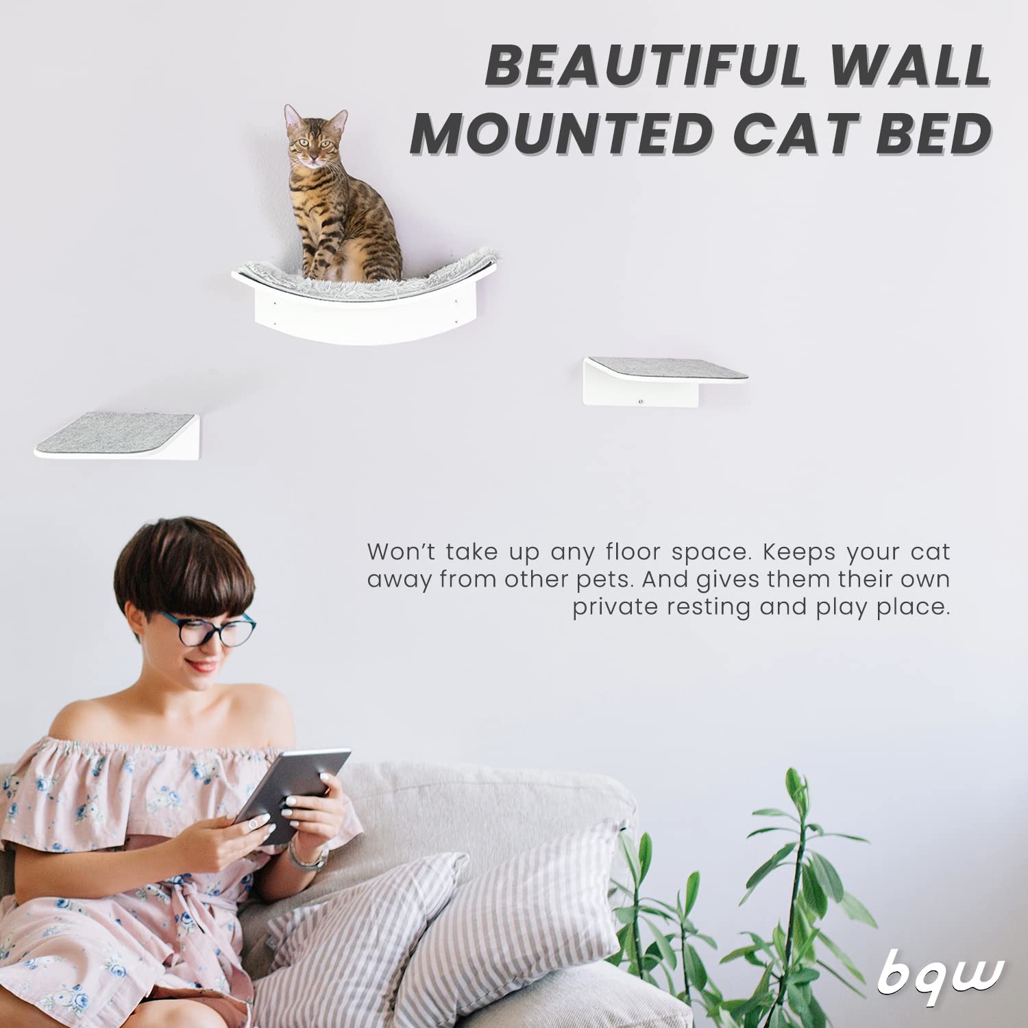 Bqw Wall Mounted Floating Cat Shelf For Cat Perching Sleeping Lounging With 2 Steps
