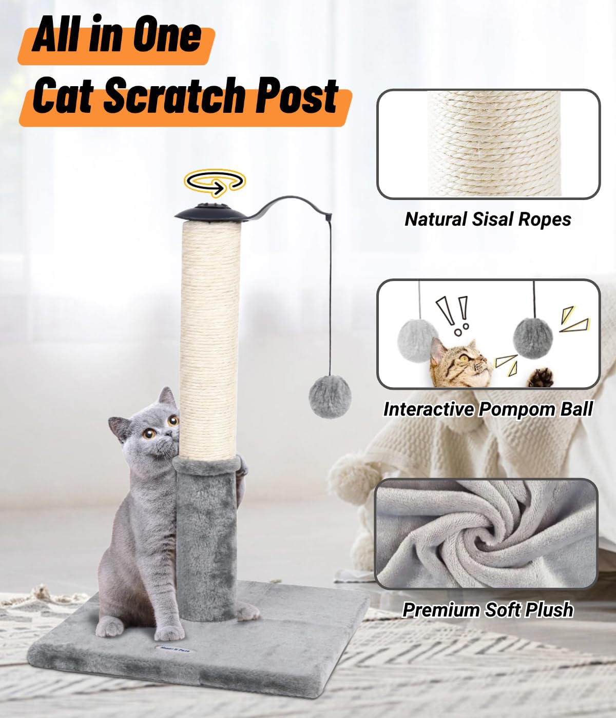 Happi N Pets 22 Cat Scratching Posts for Indoor Cats, Carpet Cat Scratch Post, Sisal Cat Scratcher, Cat Post with Rotatable Hang