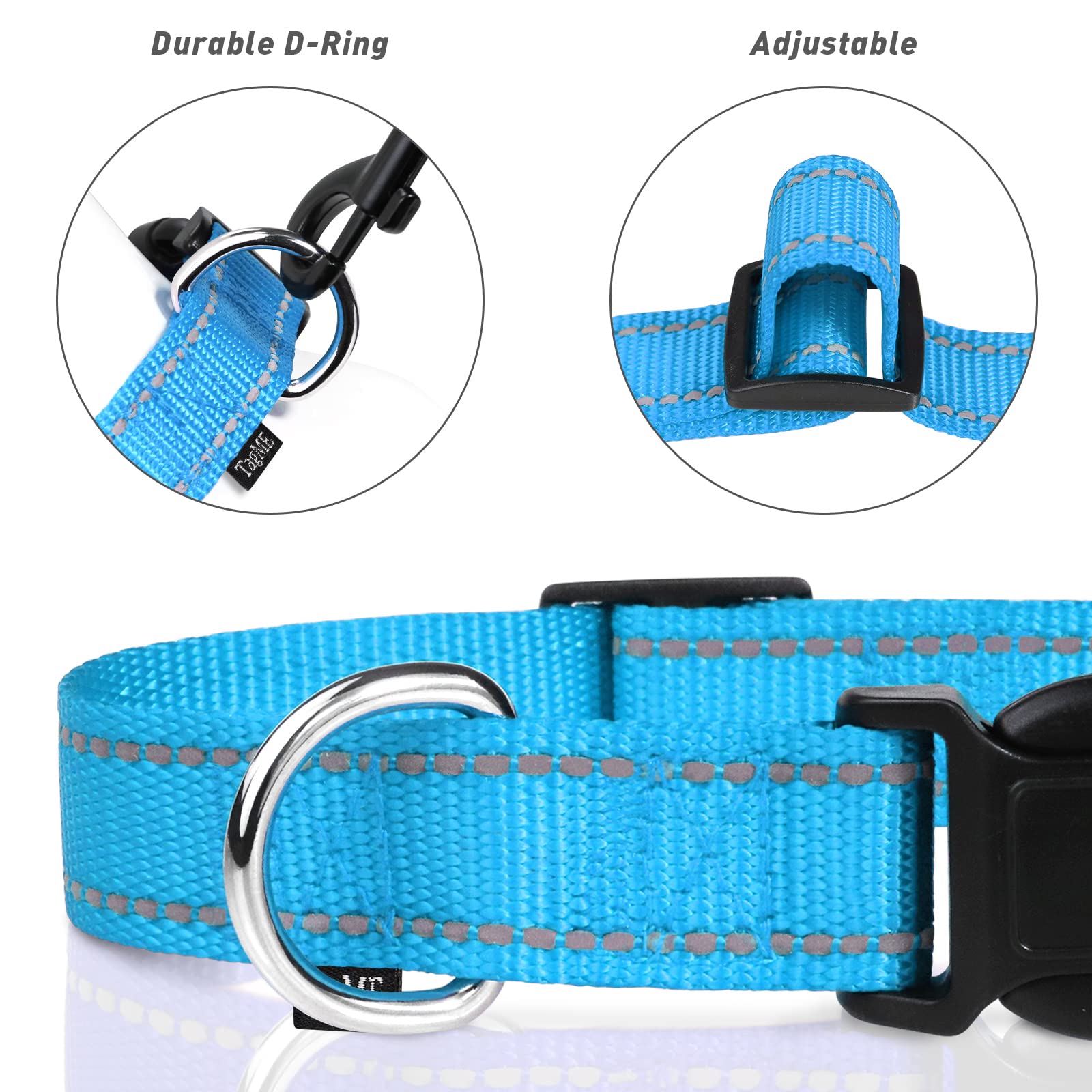 Tagme Reflective Nylon Dog Collars, Adjustable Classic Dog Collar With Quick Release Buckle For Extra Large Dogs, Sky Blue, 1''