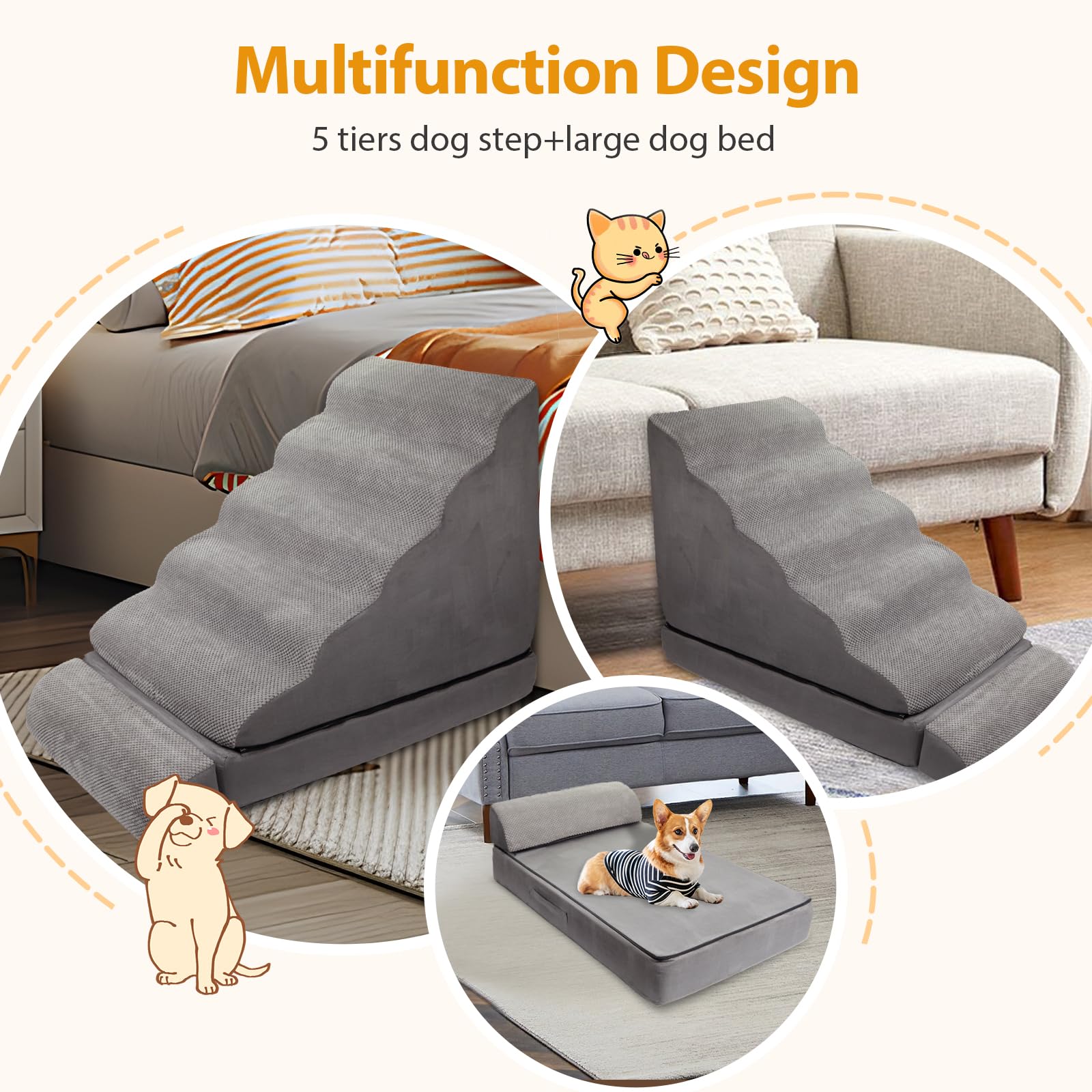 Dog Stairs/Steps For High Beds Up To 30-36 Inches, A.Fati 6 Step Foam Pet Steps For Small Dogs/Old Pets, 30'' H Non-Slip Dog Ram