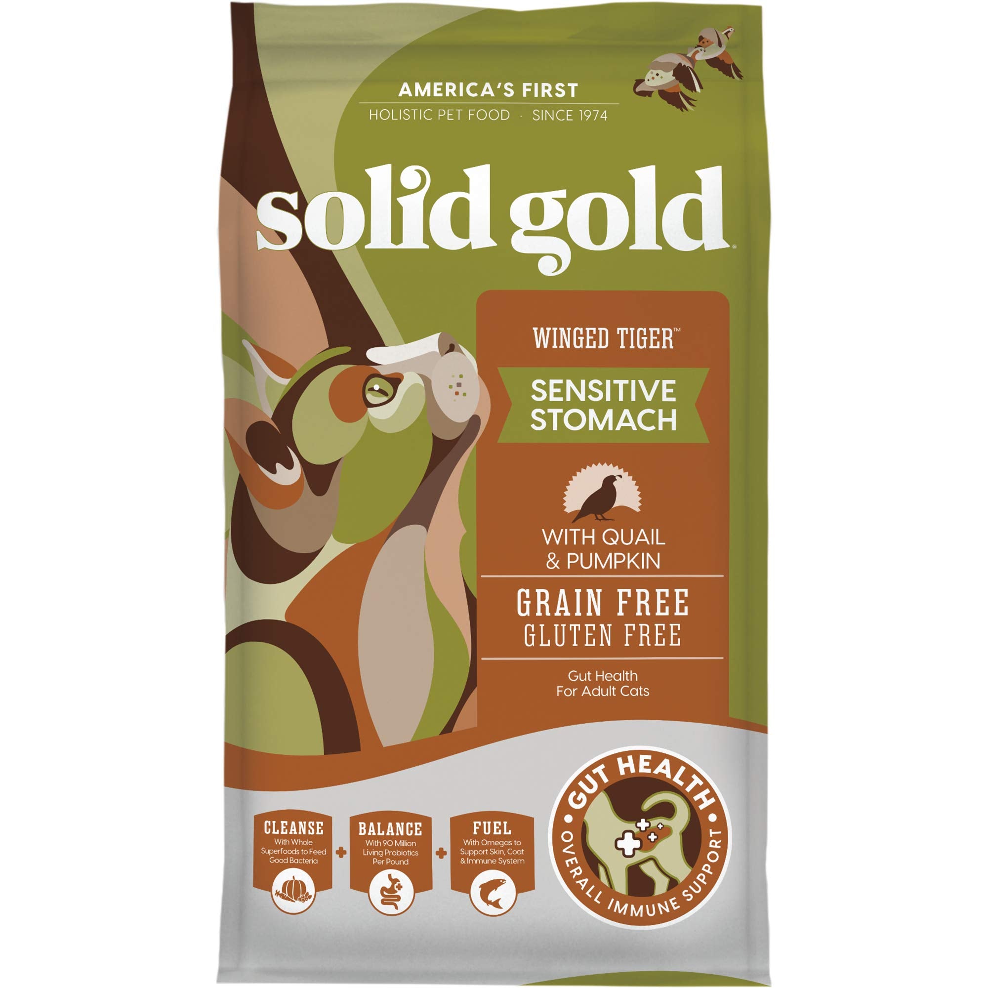 Solid Gold Sensitive Stomach Dry Cat Food - Grain Free - 6lb Quail & Pumpkin for Indoor Adult/Senior Cats - Probiotics for Gut Health