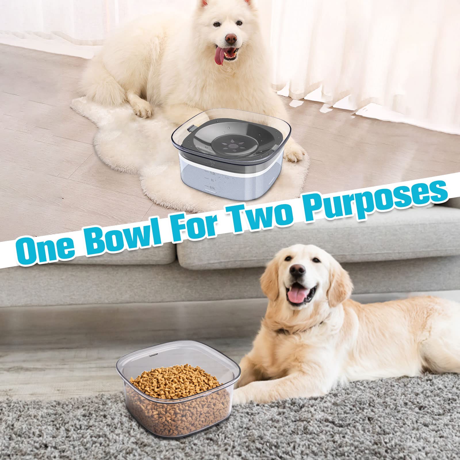 UPSKY 70oz No Spill Dog Water Bowl - Large Capacity Spill Proof Feeder for Cats & Dogs, Travel-Friendly Design, Grey