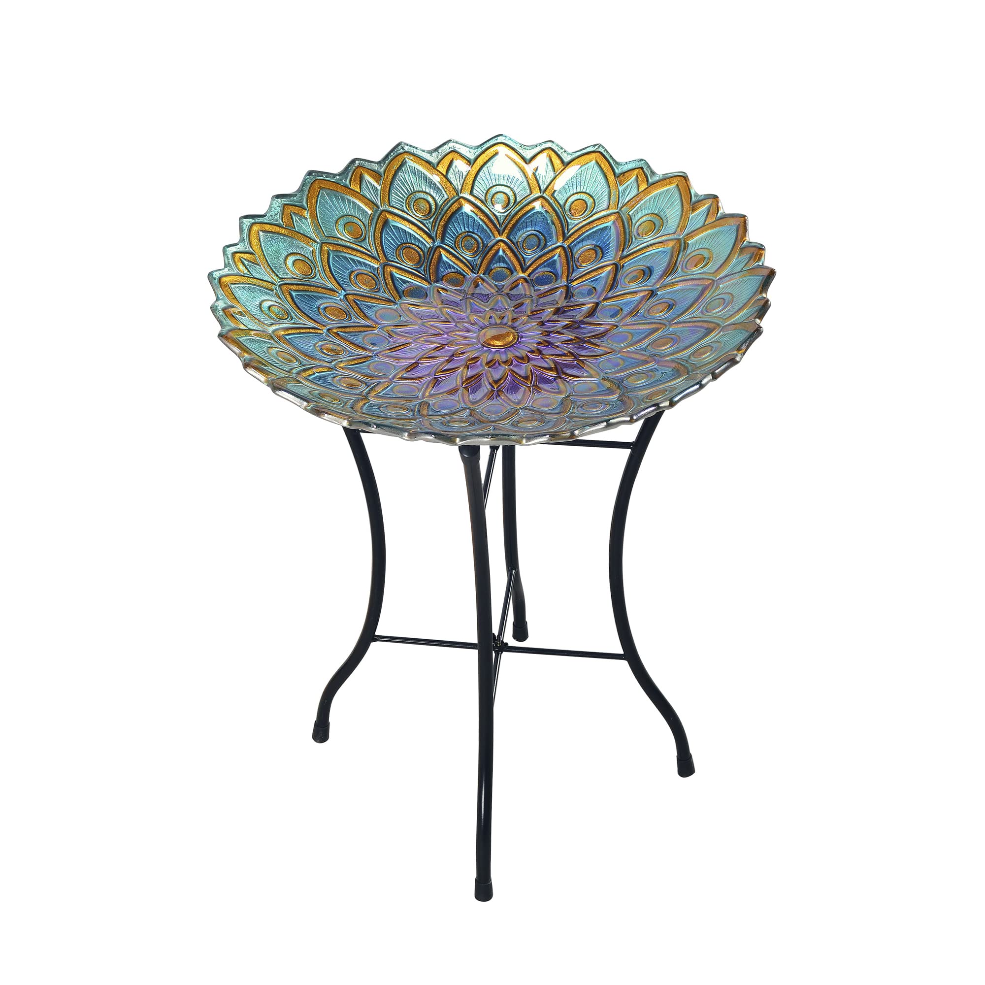 Teamson Home Handpainted Mosaic Flower Fusion Glass Pedestal Bird Bath for Outdoor Patio Garden Backyard Decking D  cor, 21 inch