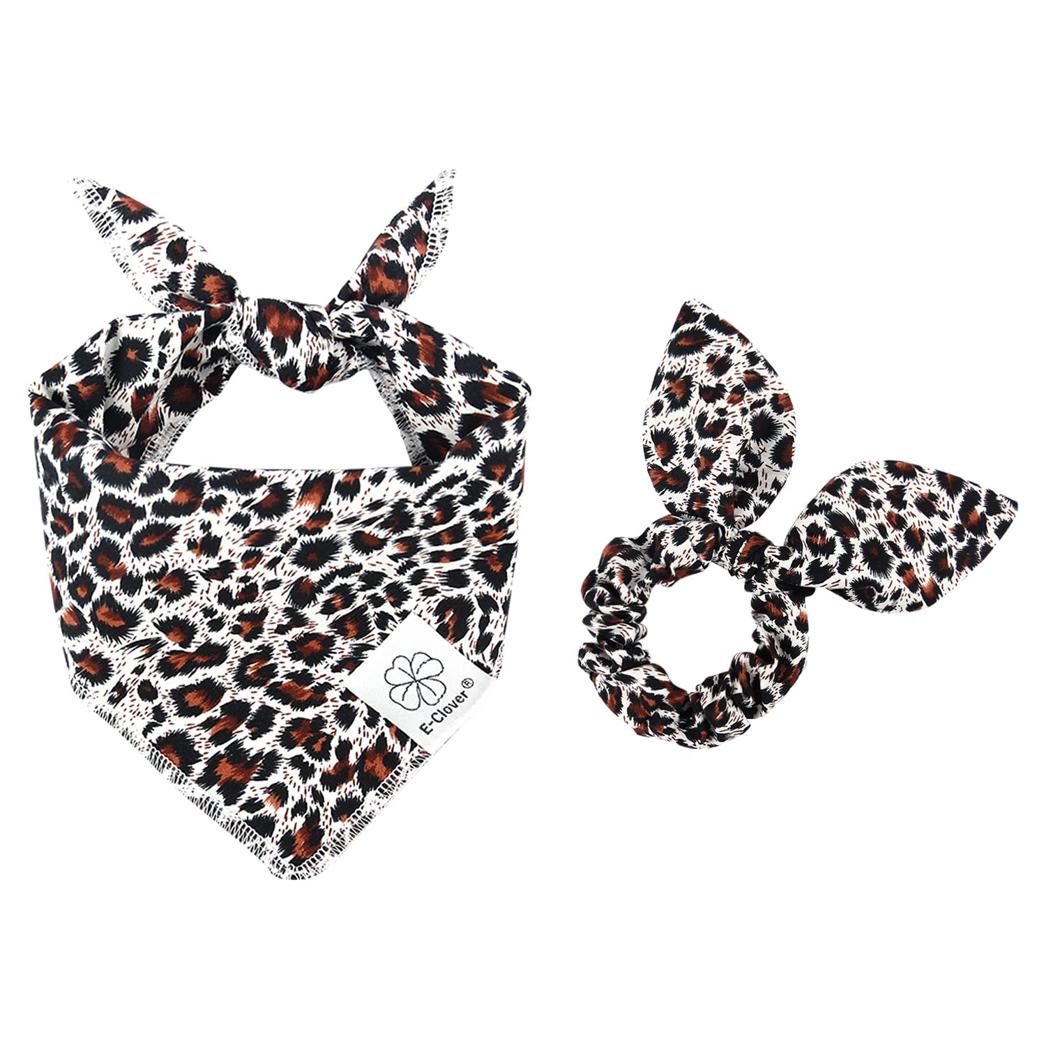 E-Clover Dog Bandanas & Matching Scrunchie Set Leopard Dog Bandana Bibs Washable Kerchief Scarf For Puppy Small Dogs & Owner