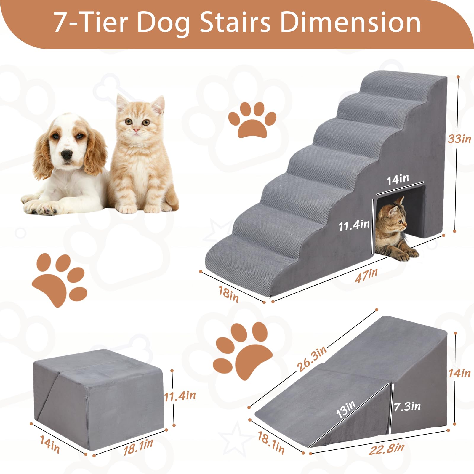 7-Tiers Dog Stairs For High Beds, 33 Inch Foam Dog Steps For Small Dogs, Non-Slip 7 Steps Pet Stairs For Small Dogs And Older Pe