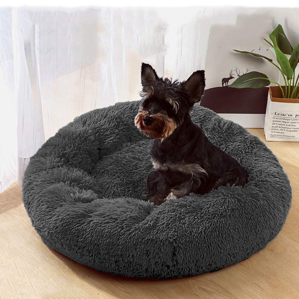 Bodiseint Faux Fur Dog Bed Cat Bed,Shag Round Anti-Anxiety Pet Calming Bed Doughnut Cuddler For Medium Large Puppy Dog Cat Kenne