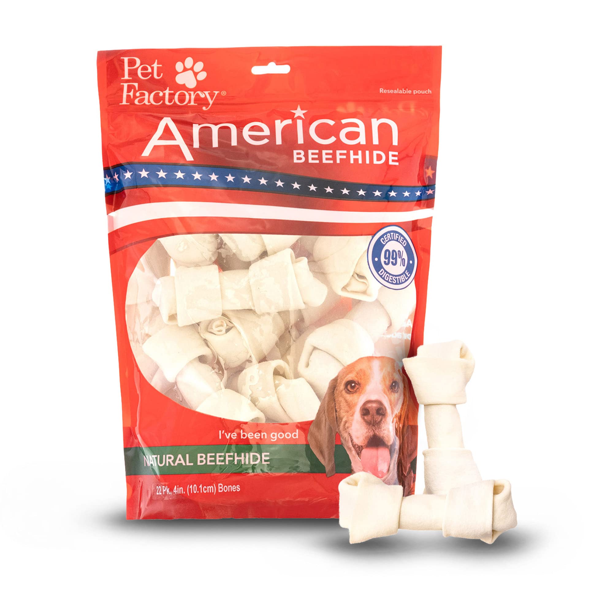 Pet Factory American Beefhide 4-5 Knotted Bones Dog Chew Treats - Natural Flavor, 22 Count/1 Pack