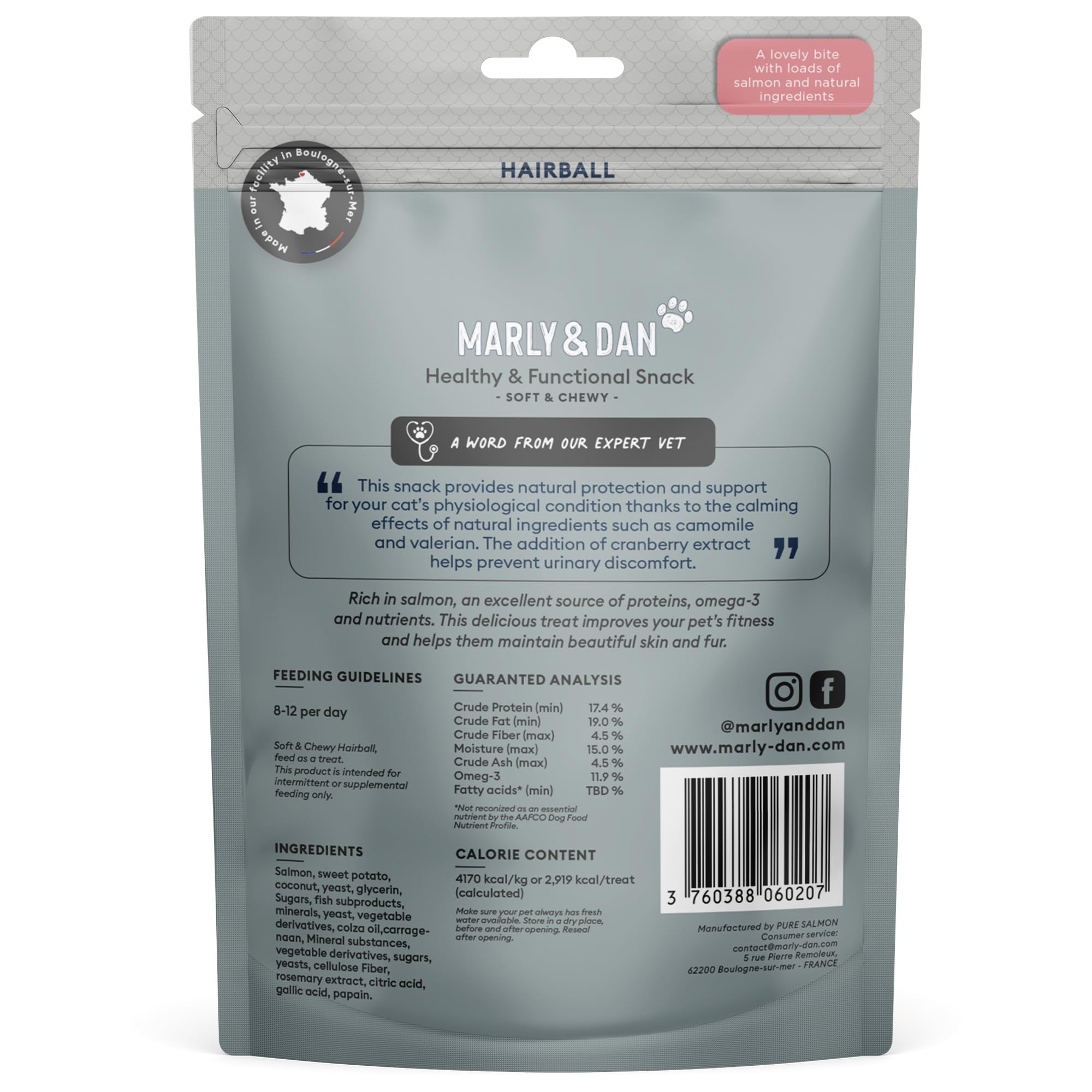 Marly & Dan Salmon Treats for Cats with Brewers Yeast & Coconut, Hairball Recipe, 3-oz Bag
