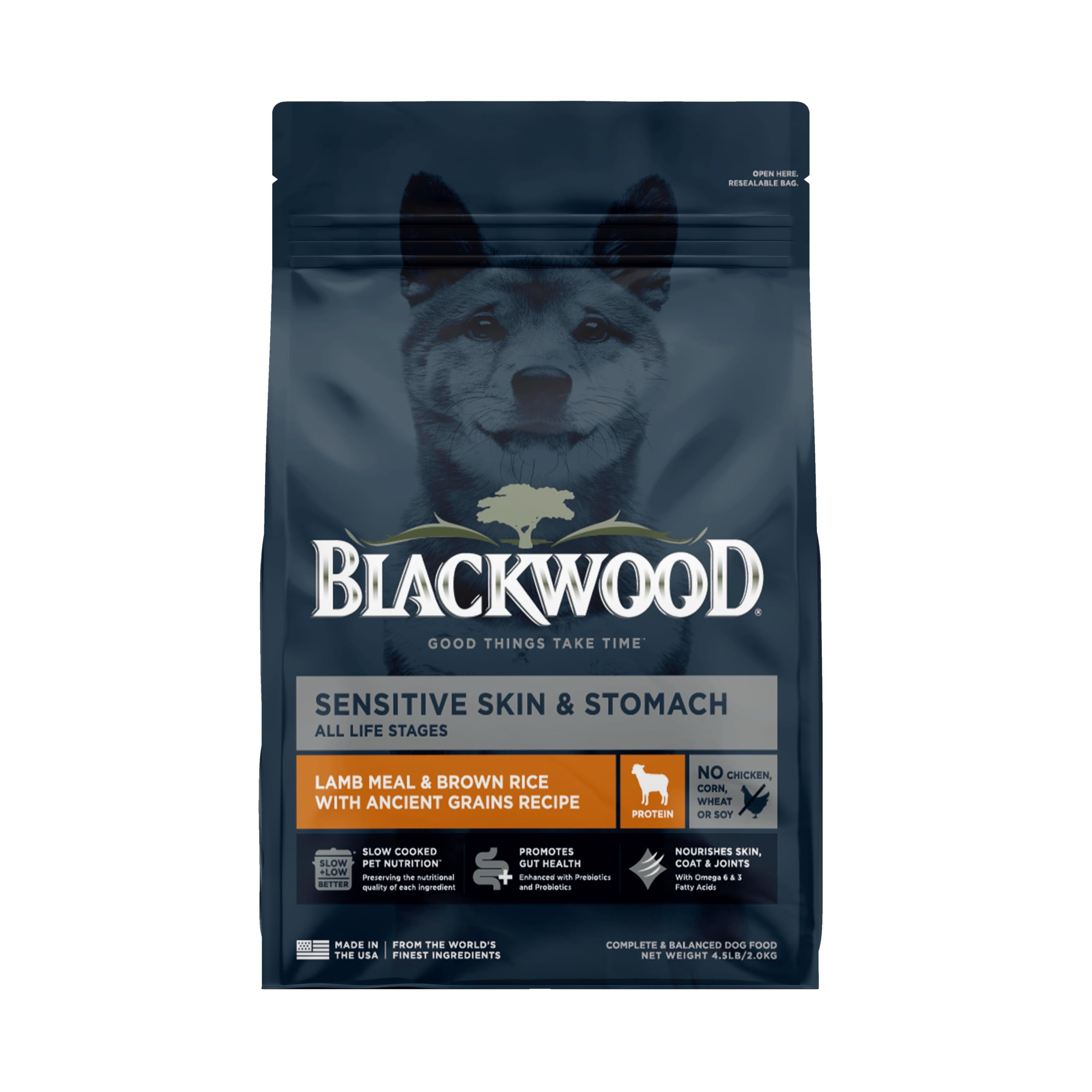 Blackwood Sensitive Skin & Stomach Dry Dog Food, Lamb Meal & Brown Rice with Ancient Grains, 4.5 Pound Bag with Prebiotics & Pro
