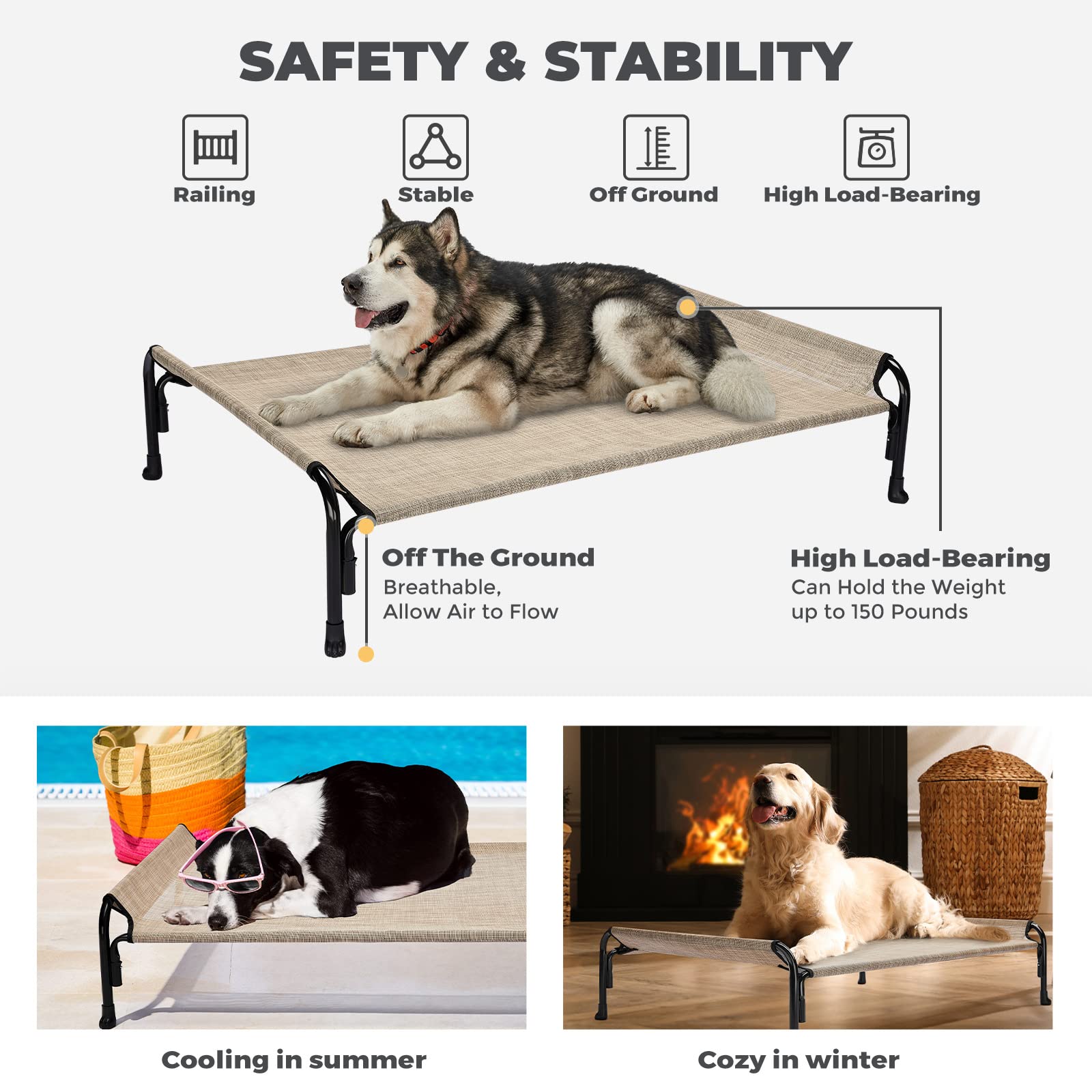 Veehoo Elevated Dog Bed, Outdoor Raised Dog Cots Bed For Large Dogs, Cooling Camping Elevated Pet Bed With Slope Headrest For Indoor And Outdoor, Washable Breathable, X-Large, Beige Coffee, Cwc2204