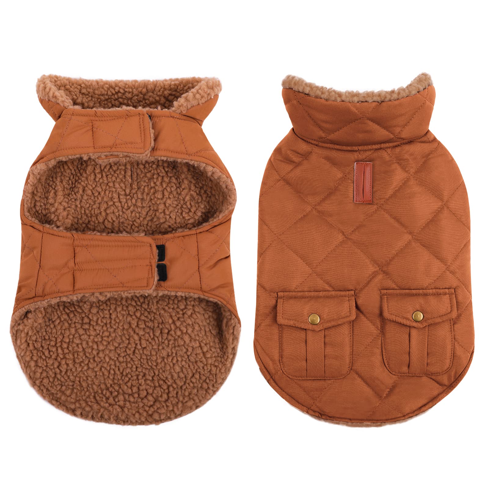 Queenmore Warm Puffer Dog Coat, Quilting Winter Jacket Ultra Thick Plush Lining With Storage Pockets (Brown, Small)