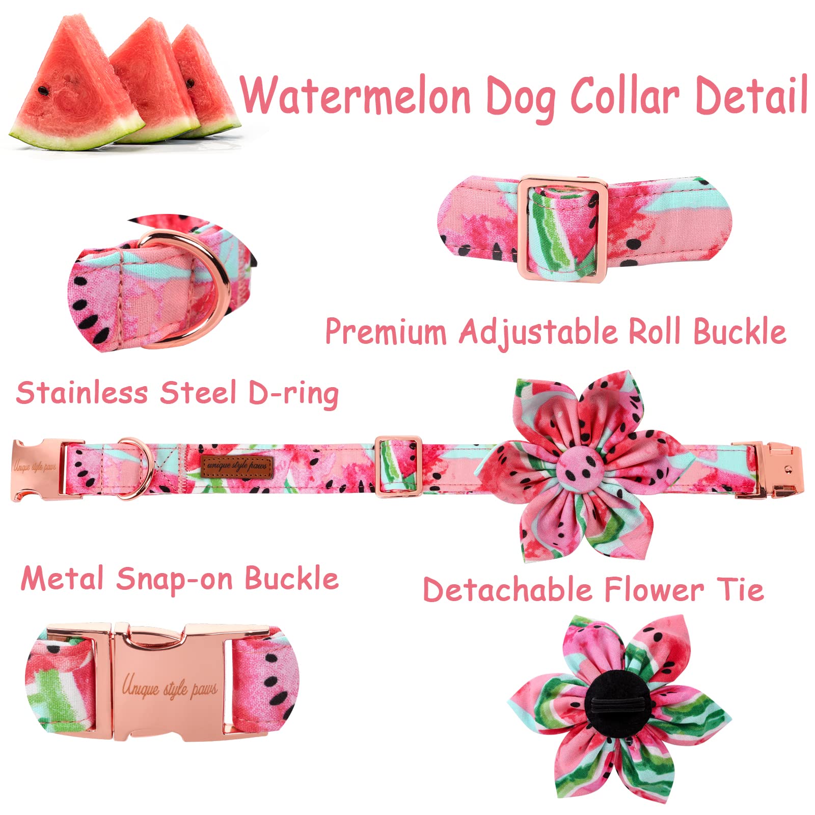 Unique Style Paws Dog Collar With Flower Tie Cotton Watermelon Collar Adjustable Summer Collar For Small Medium Large Dogs - Xs