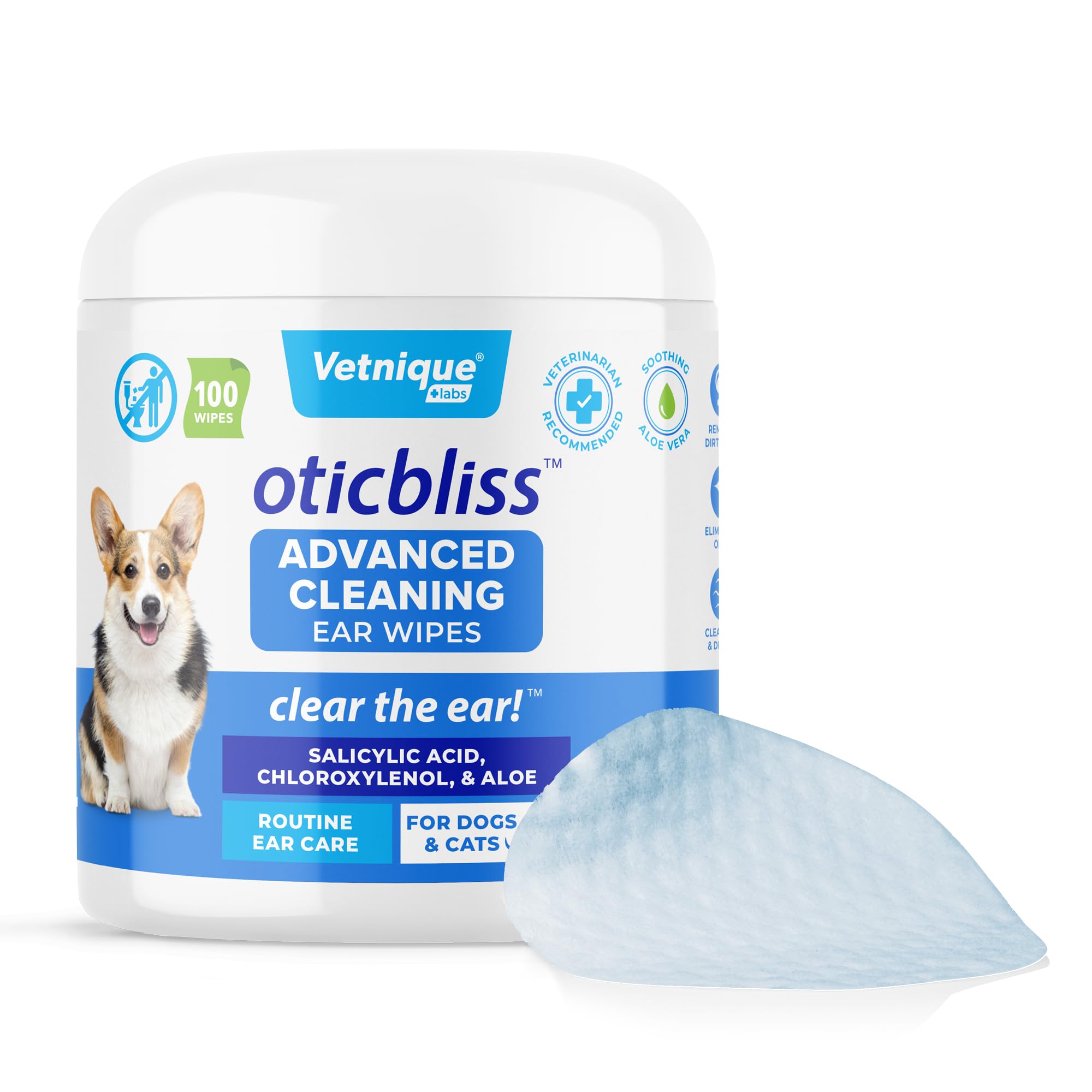 VETNIQUE Oticbliss Advanced Cleaning Ear Wipes for Dogs & Cats for Odor Control, Dirt and Wax Removal with Soothing Aloe Vera, D
