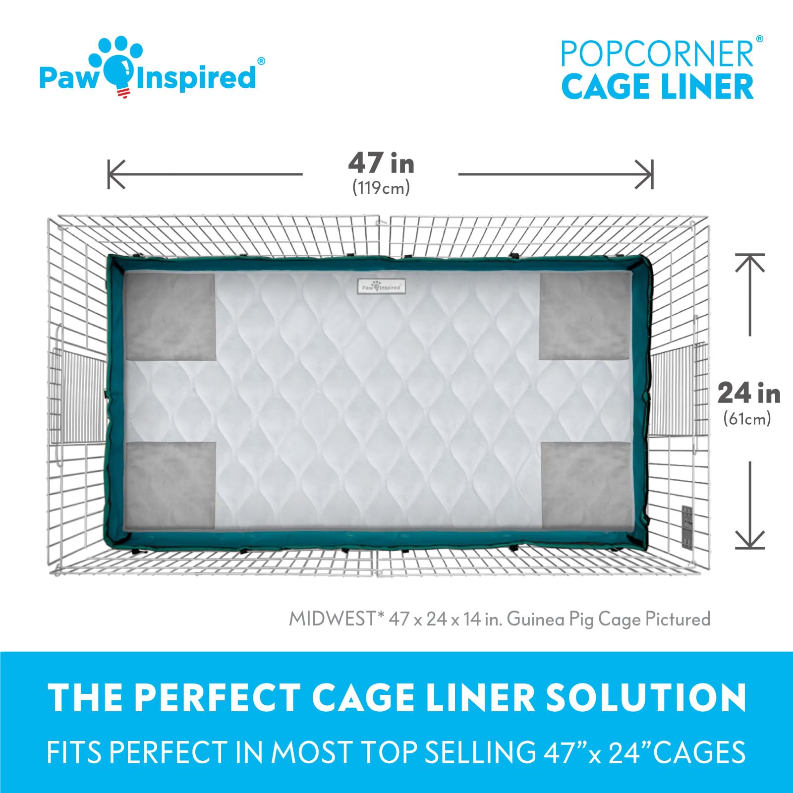 Paw Inspired PopCorner Guinea Pig Cage Liners - Washable Fleece Bedding, Super Absorbent Pee Pad, Midwest Size, Light Gray