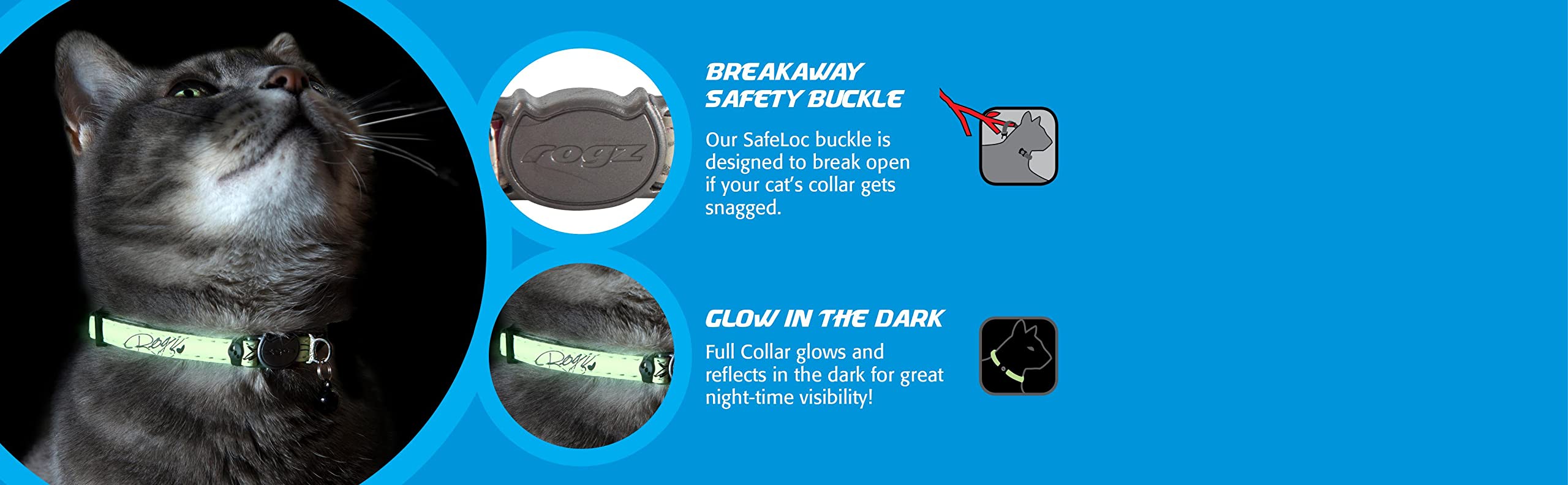 Rogz Reflective Cat Collar - Glow in the Dark, Breakaway Clip, Adjustable Size S (8"-12"), Nylon, Black, Model CB09-A