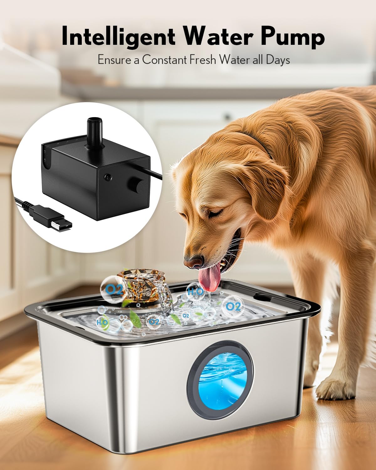 Replacement Water Pump For 3 Gallons Dog Water Fountain Stainless Steel Pet Water Fountain For Large Dogs, Replacement Pump Safe