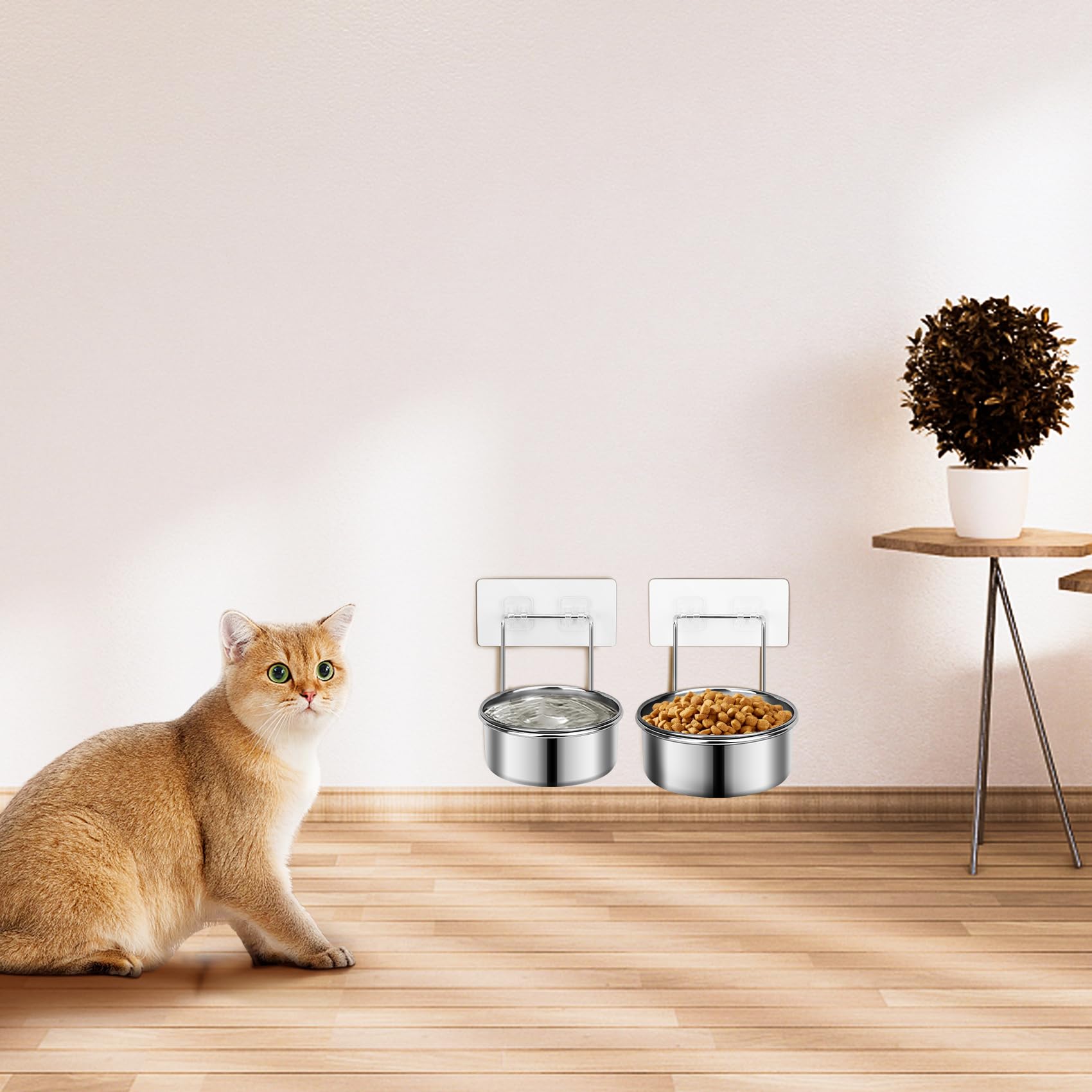 2 Pcs Small Wall Mounted Cat Bowls, Elevated Hanging Puppy Food and Water Bowls Stainless Steel Non-Spill Kitten Feeding Dish wi