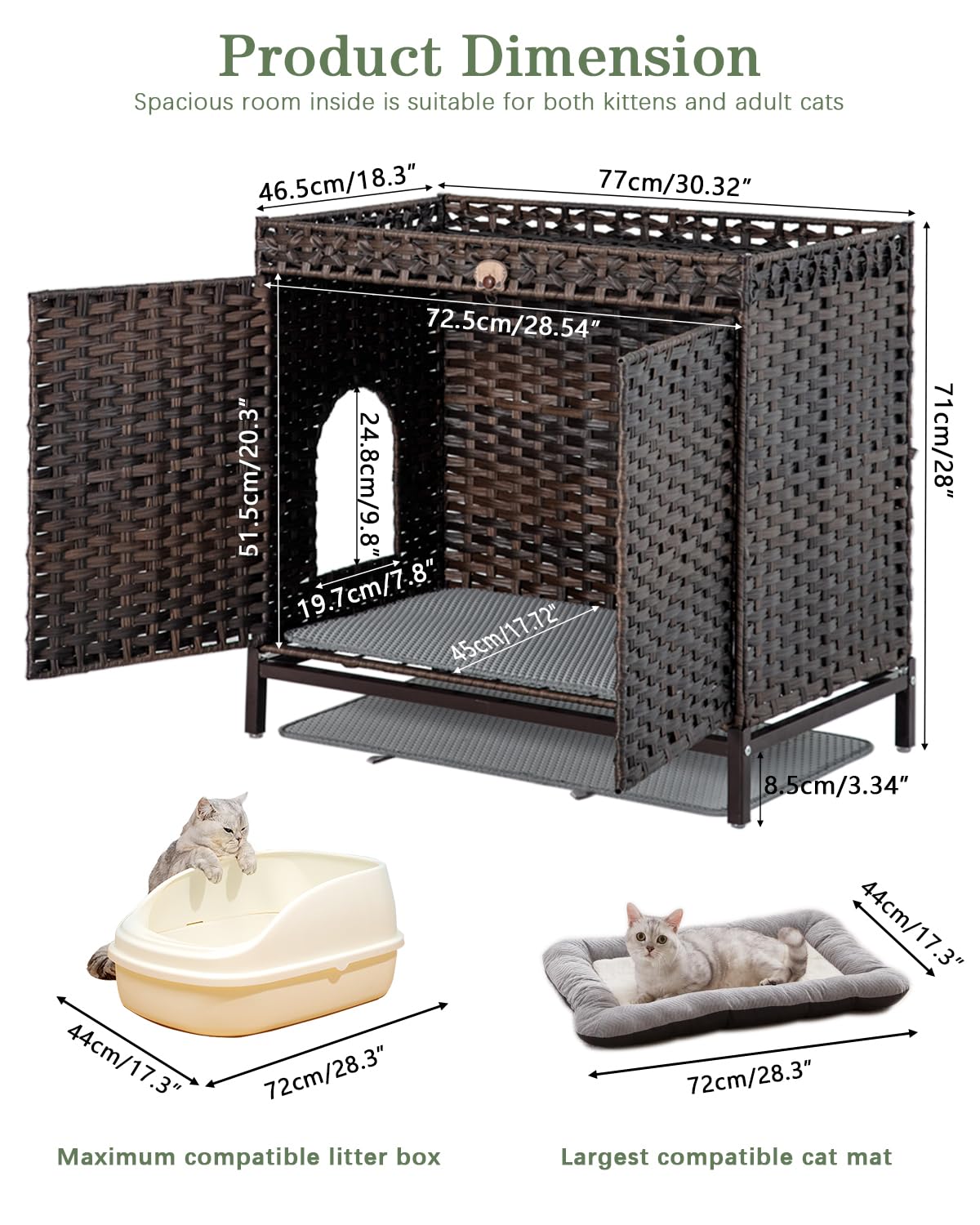 Setvson Cat Litter Box Enclosure Furniture, Hidden Handwoven Rattan Litter Box With Mat, Large Cat House With Metal Heightened F