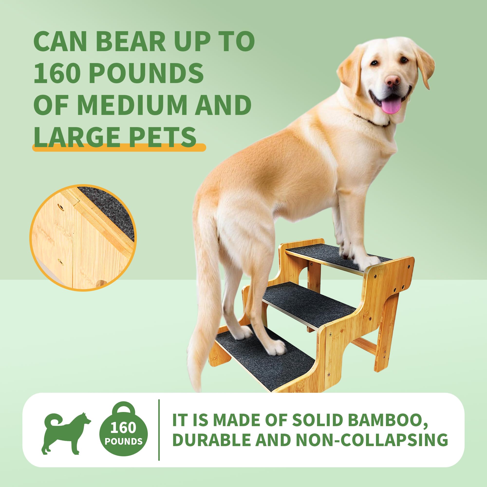 GXONE Dog Stairs - 3-Step Bamboo Ramp for Small Dogs, Supports Up to 160 LB, Nature Color, Model DS-3