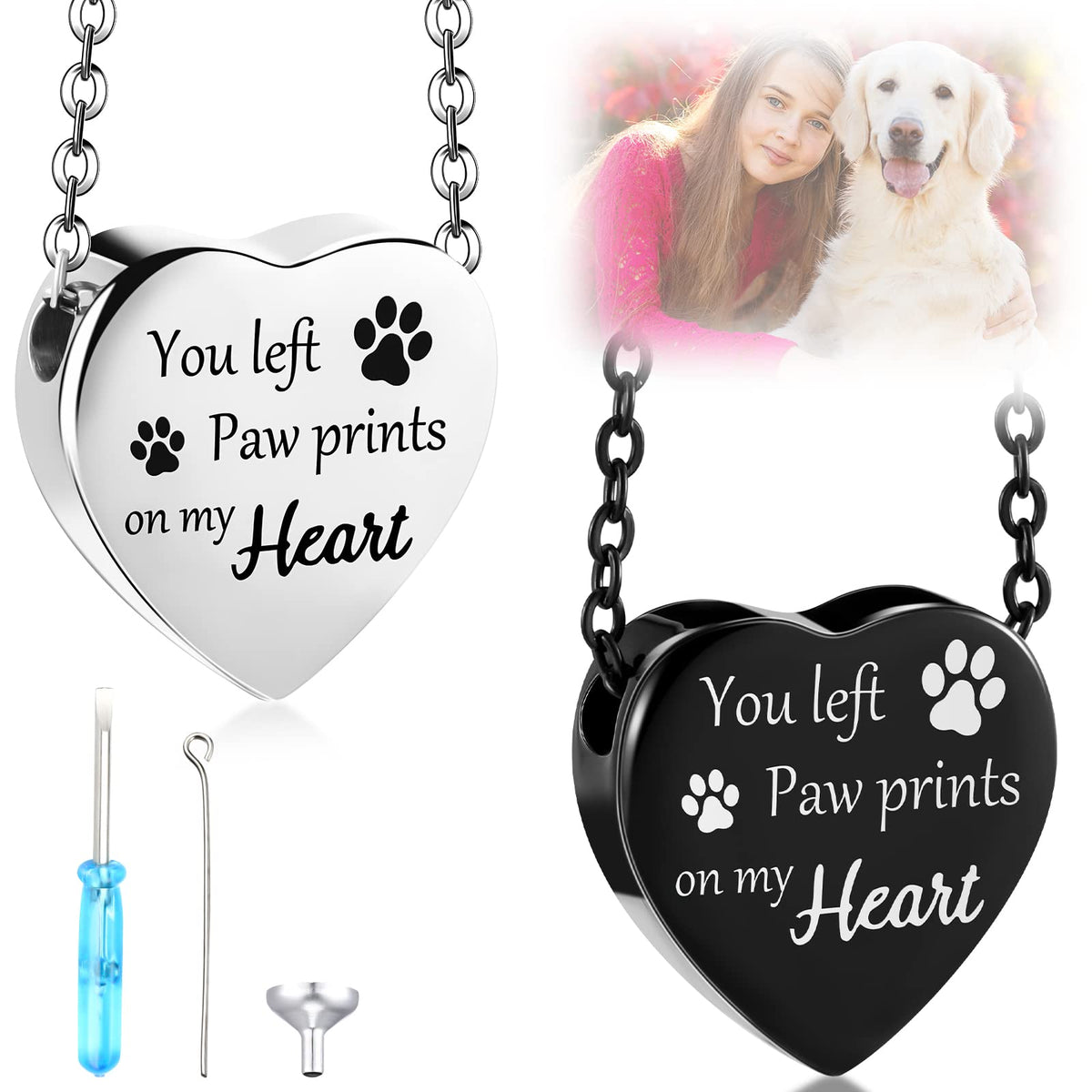 Yinkin 2 Pcs Pet Cremation Jewelry For Ashes Urn Necklace With Paw Print Heart, Pet Dog Necklace Stainless Steel Pendant Black And Silver Urn Locket With Funnel Kit For Dog Cat Ashes