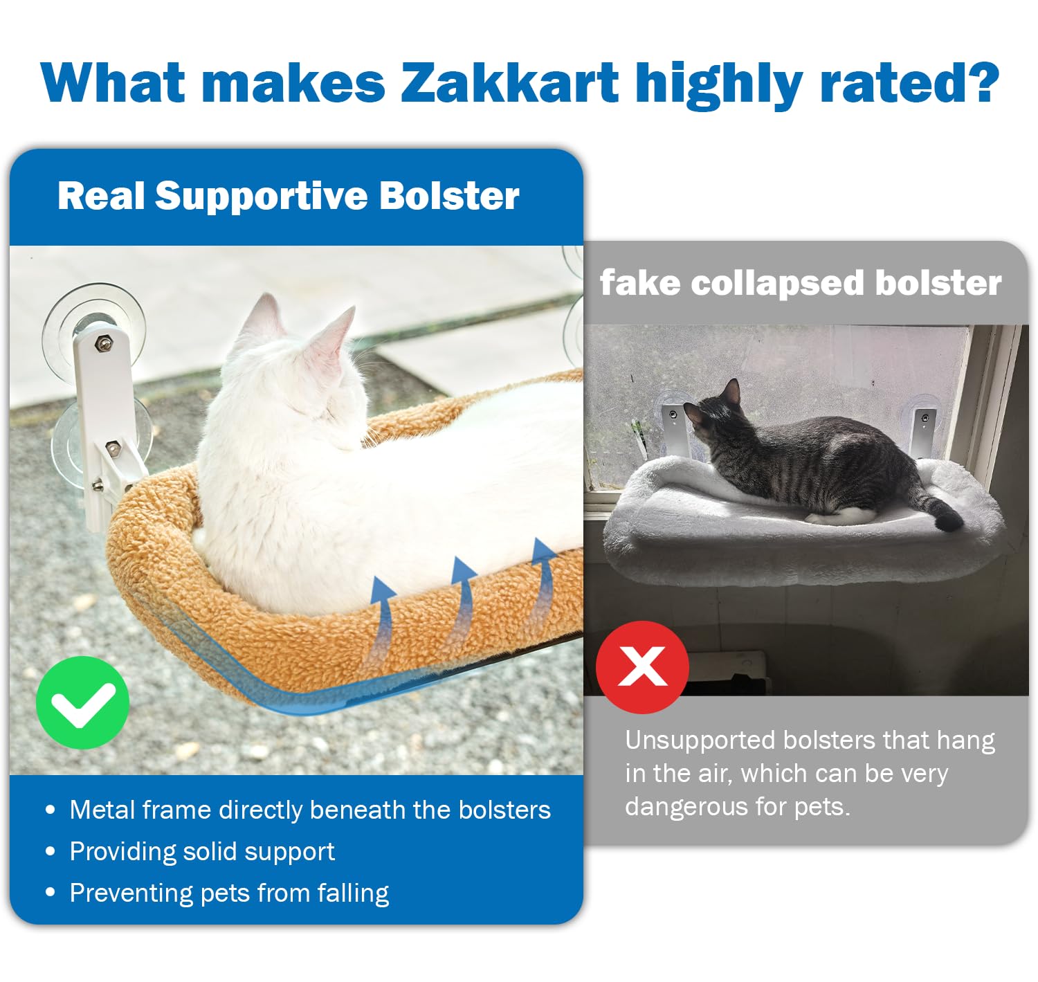 Zakkart Foldable Cat Hammock For Window - Cordless, Machine Washable Bed, Robust Metal Frame & Abs Brackets - Cat Window Perch F