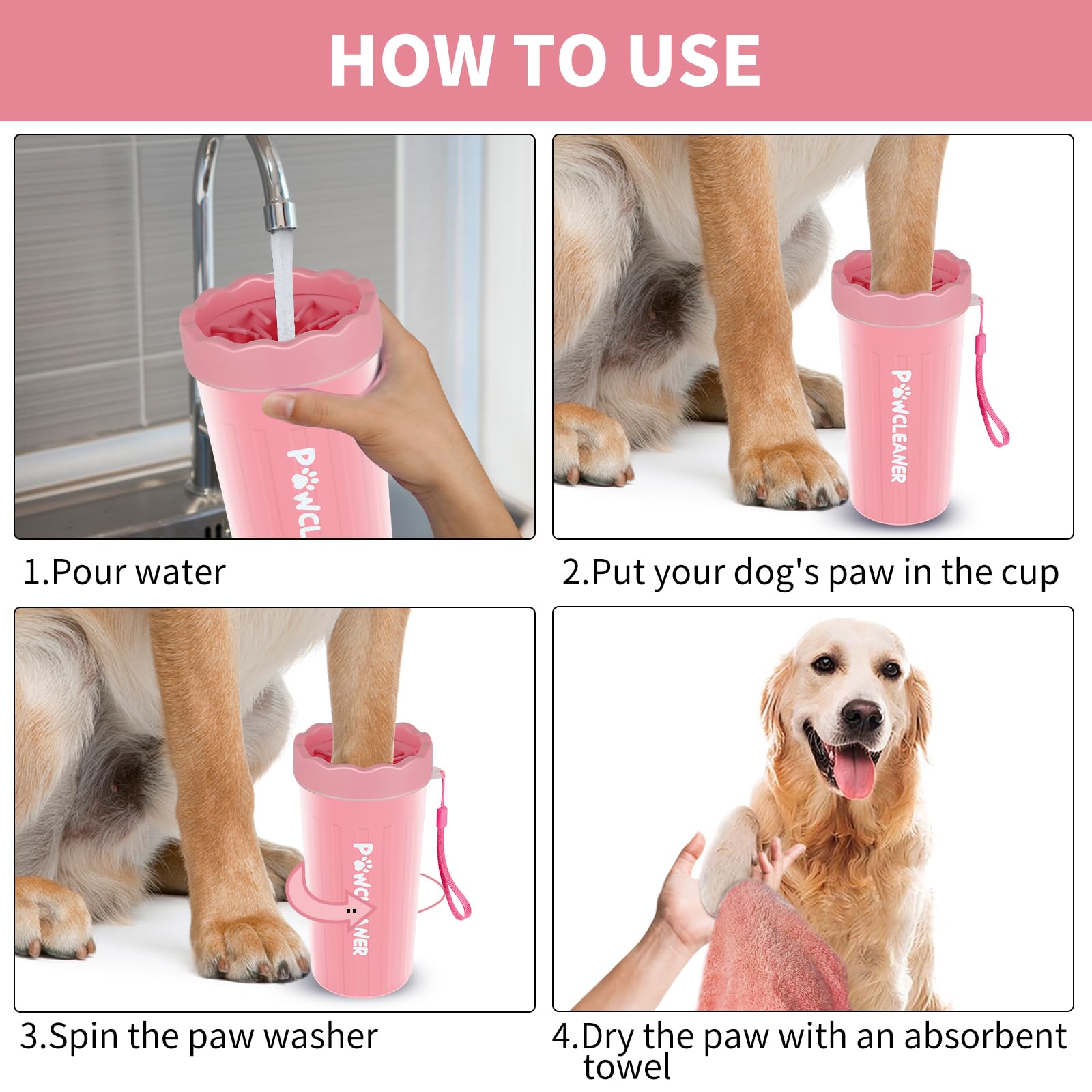 Dog Paw Cleaner For Dogs, (With 3Pcs Absorbent Towels & Adjustable Bath Brush) Dog Paw Washer, Pet Foot Cleaner (Pink, Large)