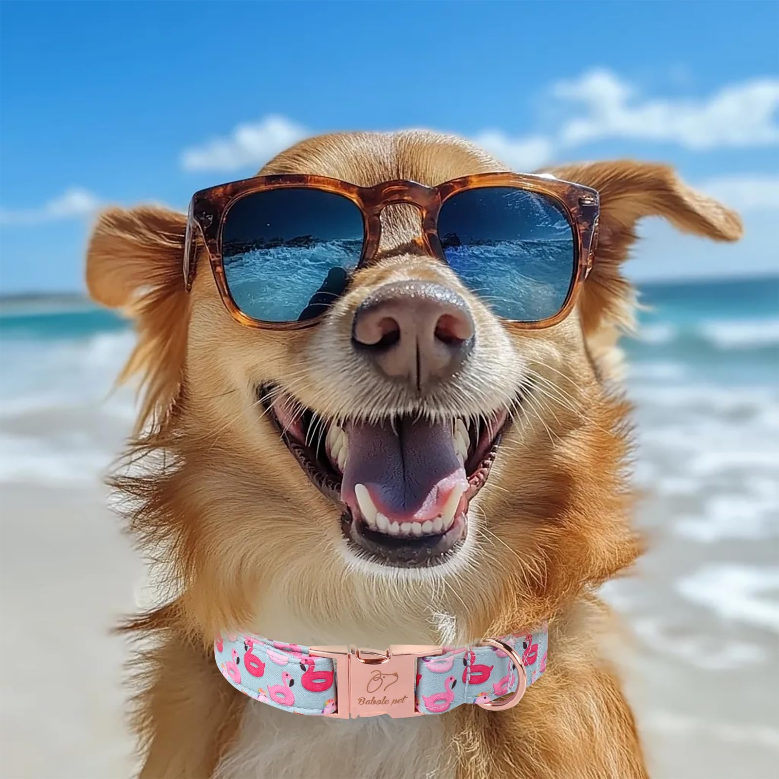 Babole Pet Adjustable Summer Dog Collar - Cute Pink Flamingo Dog Collars For Medium Dogs, Durable Boy Girl Dogs Heavy Duty Metal