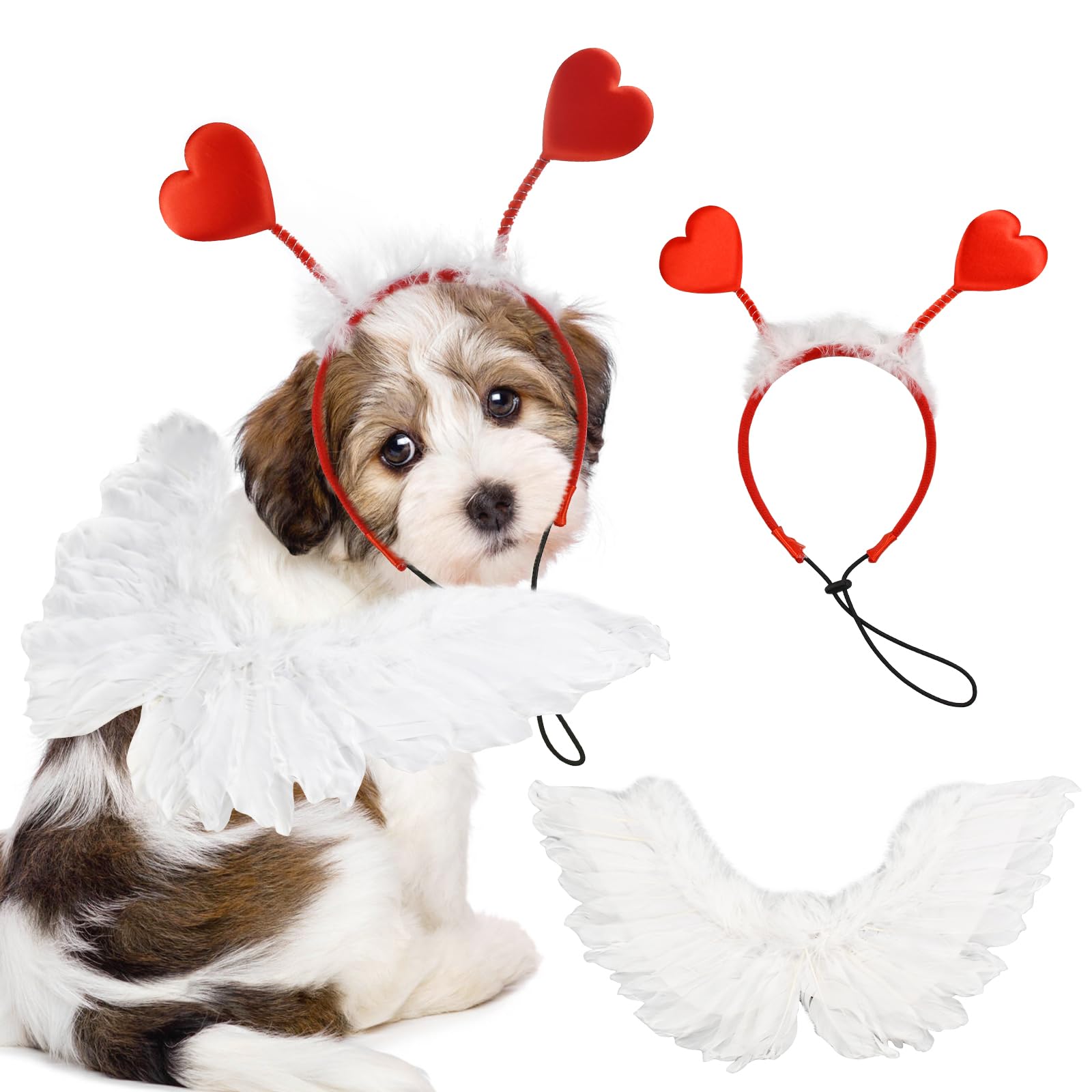 Shurung Dog Sweeat Heart Headband Valentin'S Day Costume Set With White Feather Wing Heart Headband Love-Themed Dog Outfits For 