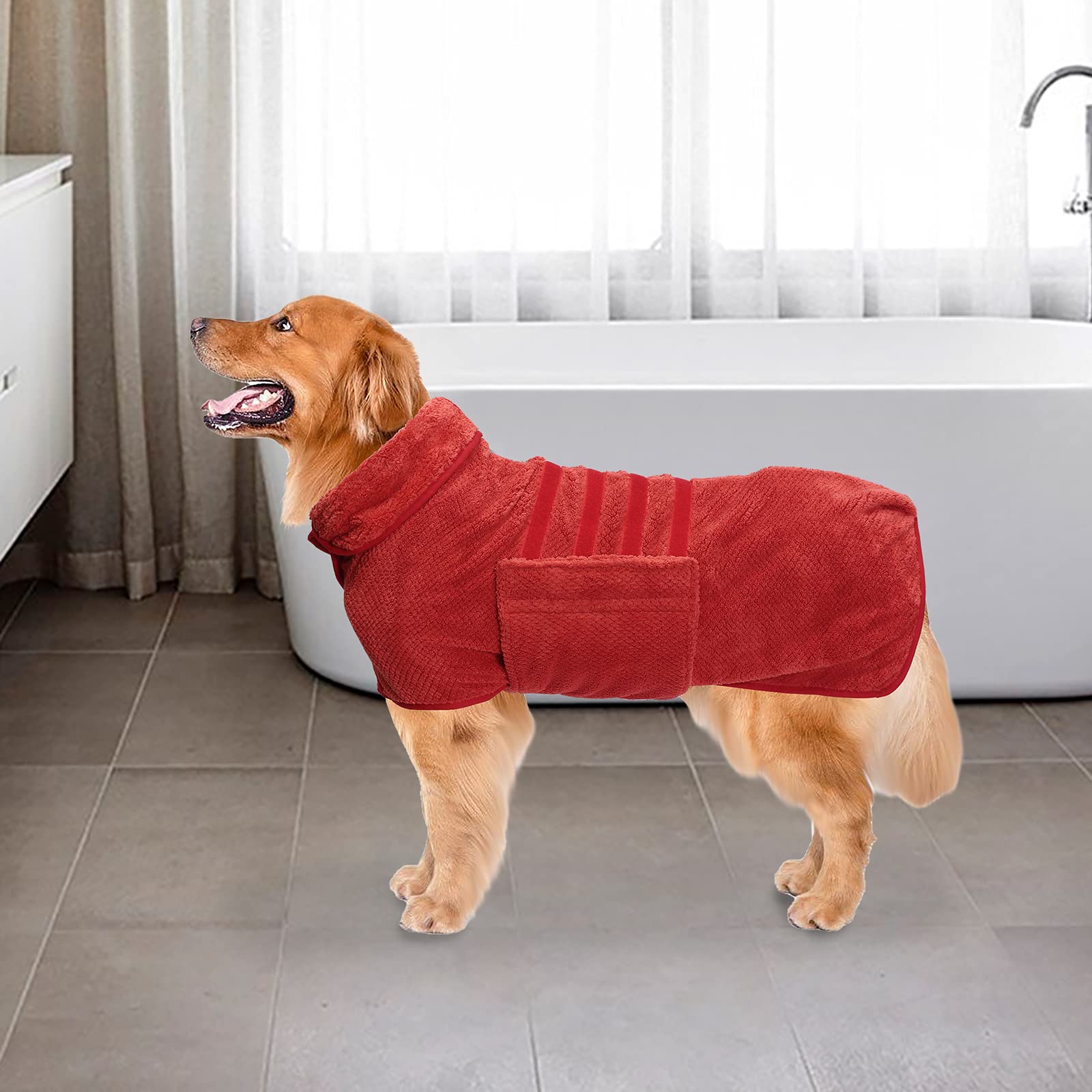 Geyecete Dog Bathrobe Towel Dog Drying Coat-Dry Fast Dog Bag-Pineapple Grid Fast Drying Super Absorbent Pet Dog Cat Bath Robe Towel-Red-Xxl