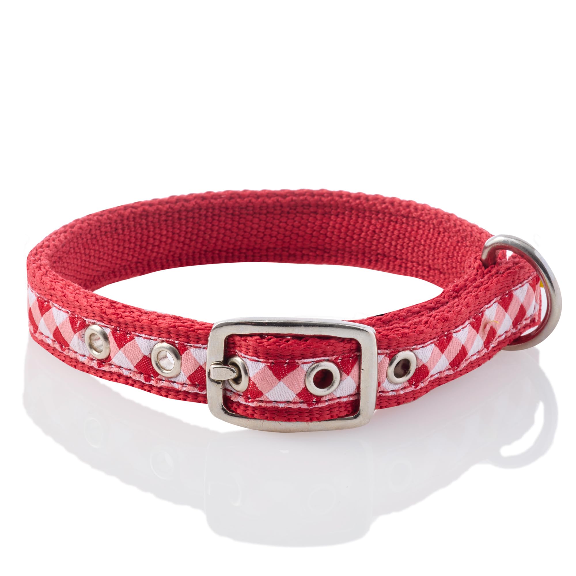 Pet Passion Adjustable Recycled Ribbon Dog Collar For All Pet Breeds, Red Buffalo Plaid, X-Small