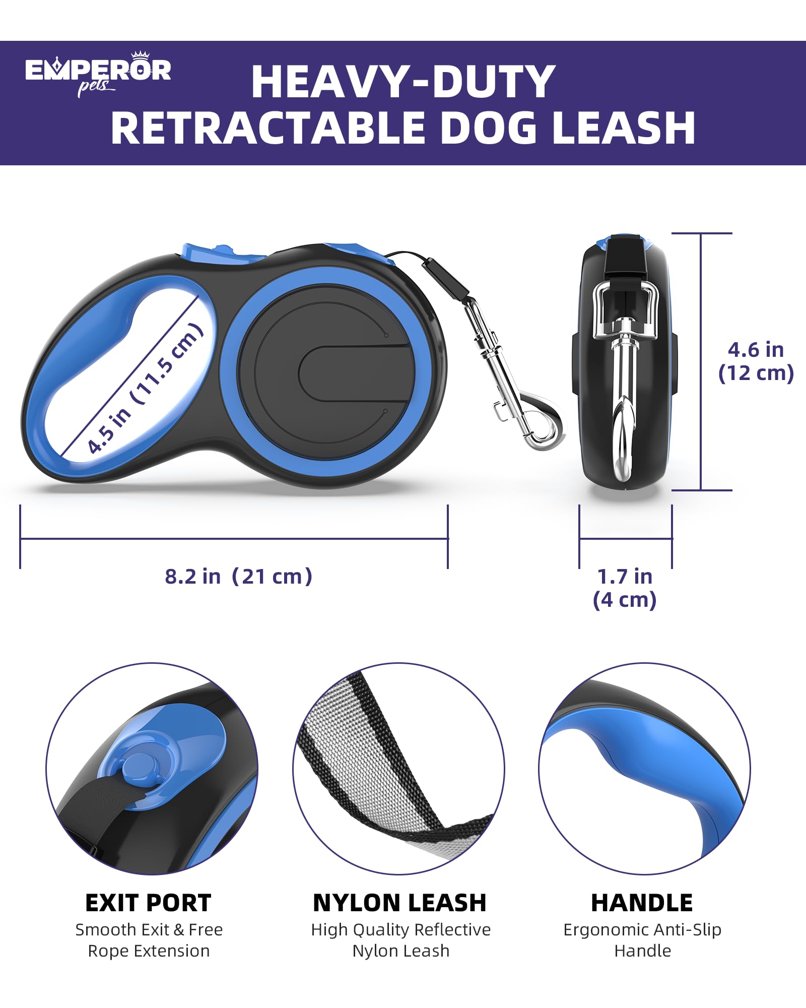 Emperor Pets 16 Feet Retractable Dog Leash Large Dogs - Up To 110Lb, Large Dog Leash Heavy Duty Dog Leash Retractable 26 Ft, Dog Leashes For Large Breed Dogs, Dog Leashes For Medium Dogs -Gy16