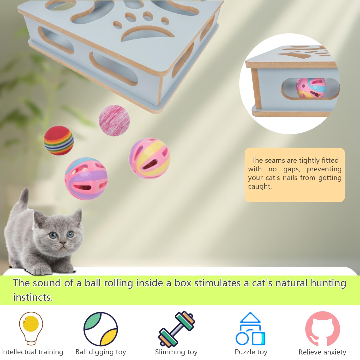 MUCAOL Interactive Wooden Cat Puzzle Toy Box Indoor Hunting Play Toy to Stimulate Your Cats Energy and Instincts (Blue)