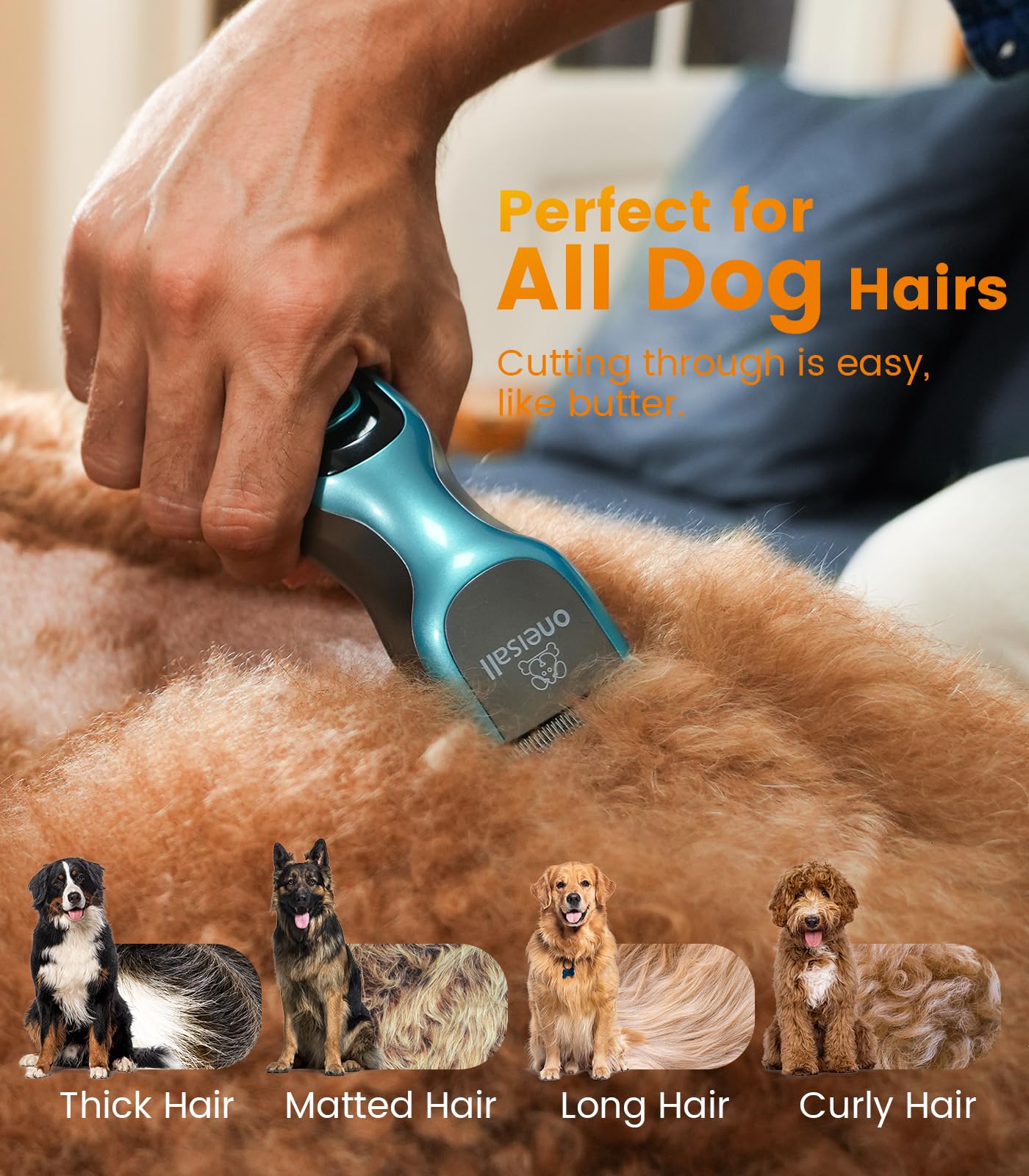 Oneisall Dog Clippers for Grooming - 2-Speed Super Power, 50dB Quiet Rechargeable Cordless Trimmer With Detachable Stainless Ste
