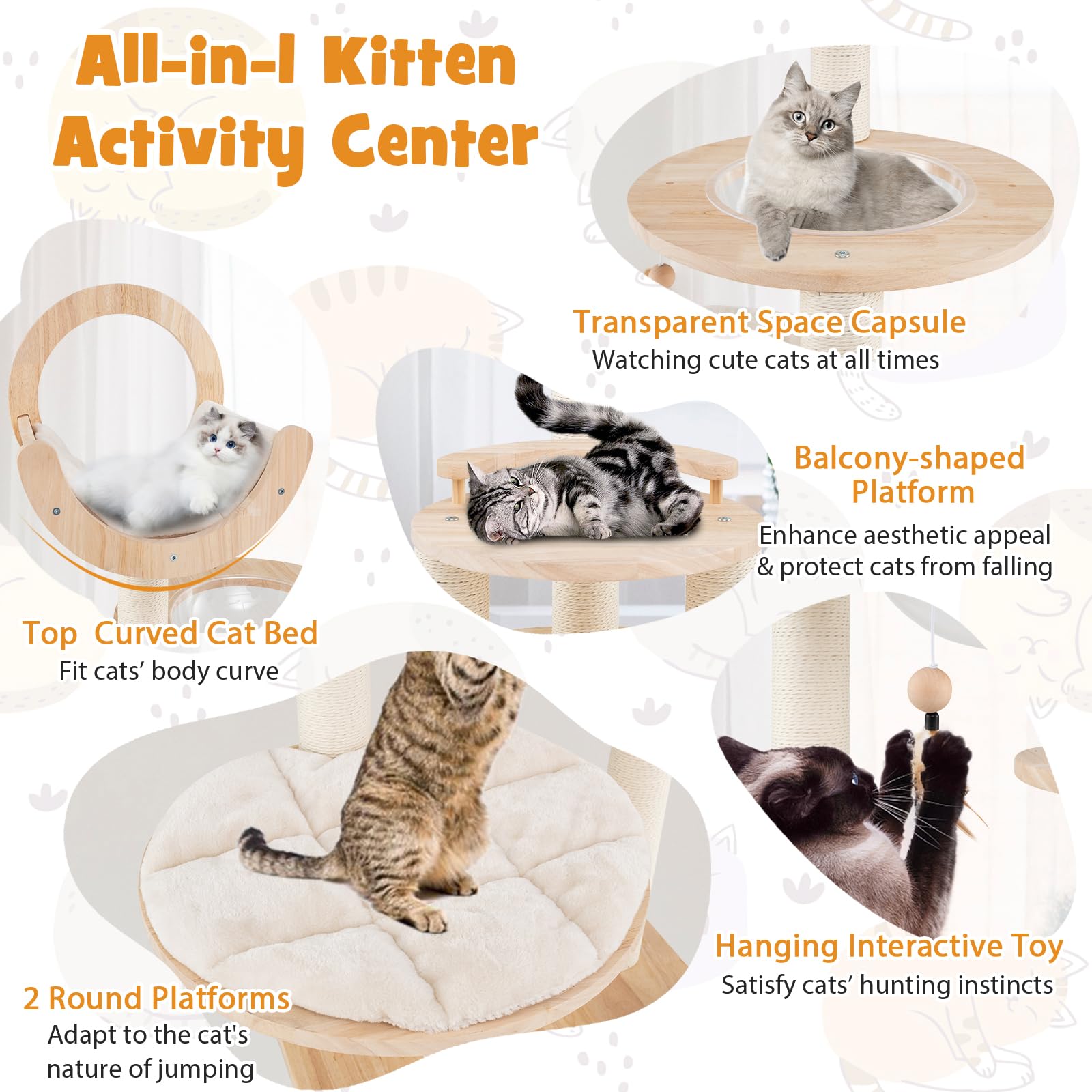 Tangkula Solid Wood Cat Tree, 4-In-1 Building Block Large Cat Tower With Space Capsule Nest, Scratching Posts, Padded Platform,