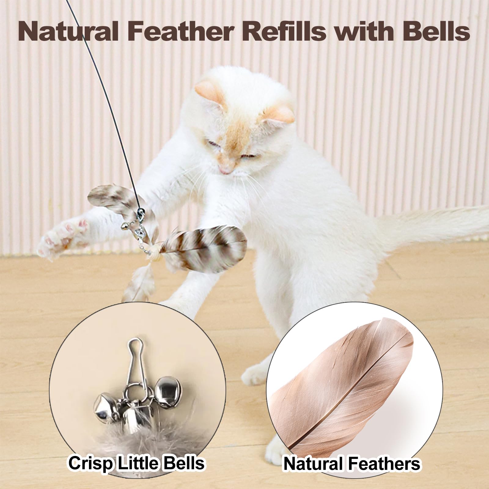Kingtree Cat Teaser Wand Toys, Interactive Feather Cat Wand Toy With 5 Bell Feather Refills & 2Pcs 35'' Flexible Steel Wire Wood